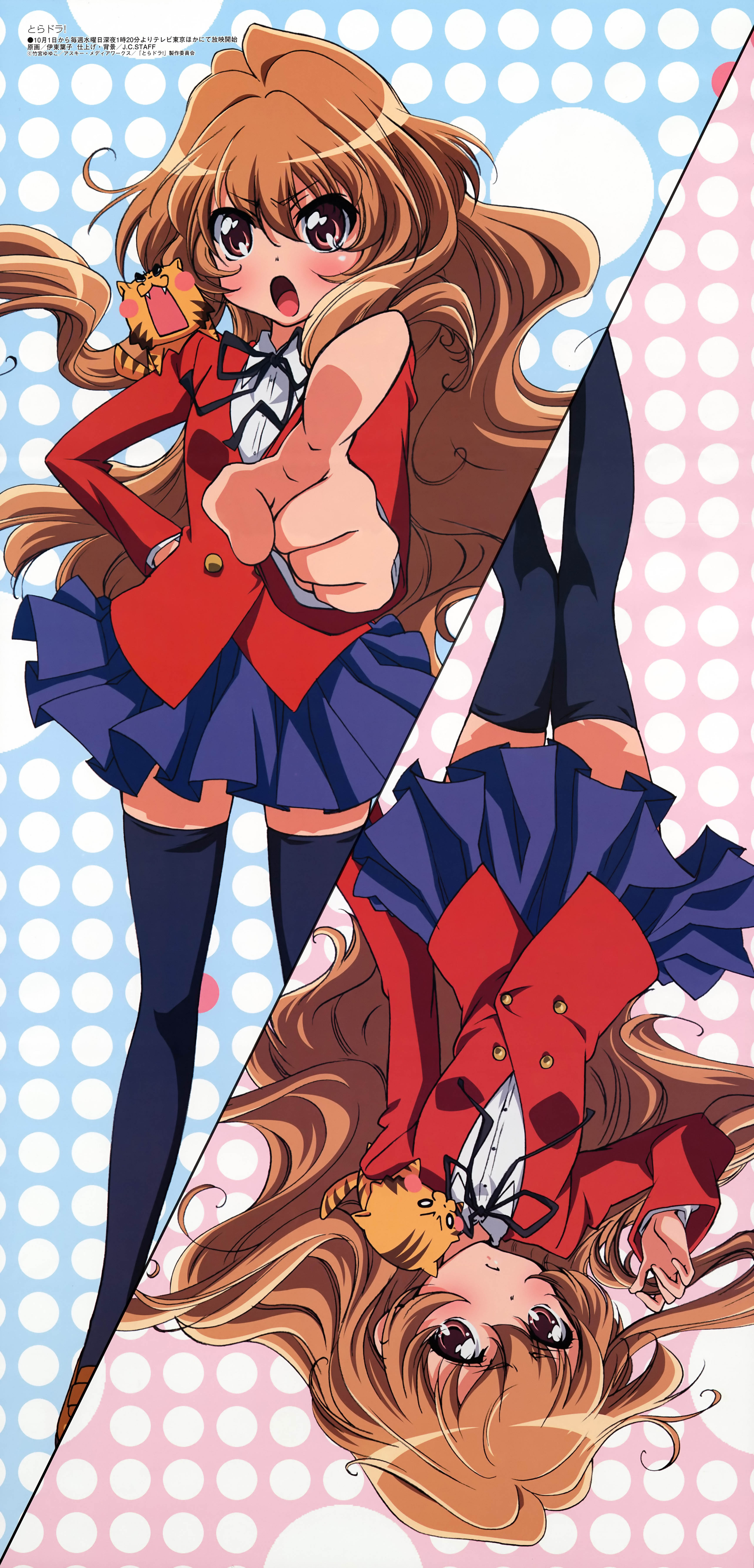 itou youko, aisaka taiga, palmtop tiger, megami magazine, toradora!, absurdres, highres, official art, 00s, 1girl, breasts, brown eyes, brown hair, cat, chibi, female focus, legs, long hair, school uniform, serafuku, skirt, solo, thighhighs, tiger, zettai ryouiki