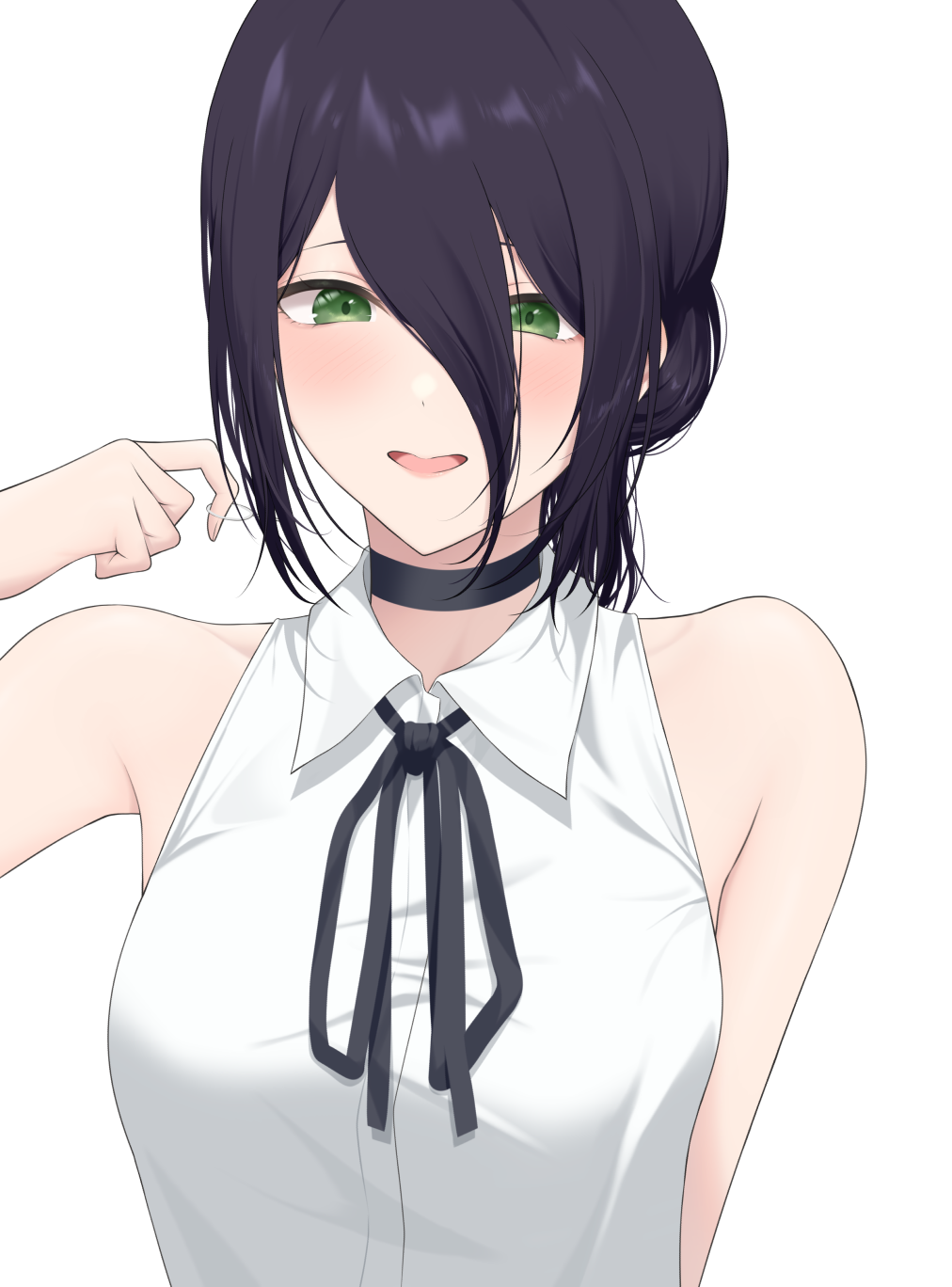 kikata (hata nanokana), reze (chainsaw man), chainsaw man, highres, 1girl, black choker, black hair, black ribbon, breasts, choker, collared shirt, green eyes, grenade pin, hair between eyes, medium breasts, neck ribbon, open mouth, ribbon, shirt, simple background, solo, white background, white shirt
