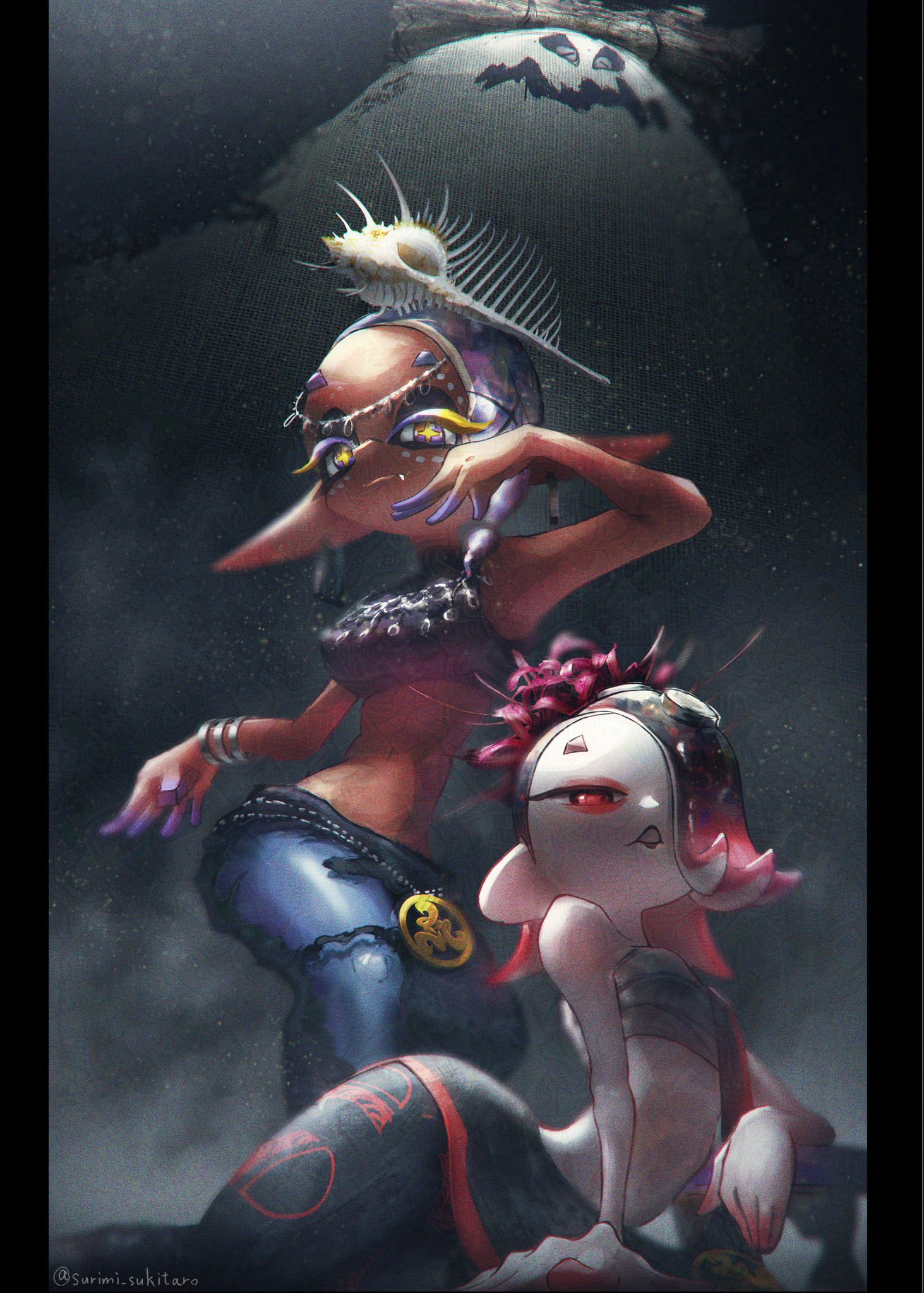 couldoh, big man (splatoon), frye (splatoon), shiver (splatoon), nintendo, splatoon (series), splatoon 3, highres, 2girls, bracelet, breasts, chest sarashi, colored extremities, colored eyelashes, crop top, dark-skinned female, dark skin, earrings, fangs, film grain, hair over one eye, harem pants, inkling, jewelry, leggings, long pointy ears, manta ray, multiple bracelets, multiple girls, octoling, pants, pointy ears, red eyes, sarashi, tentacle hair, yellow eyes