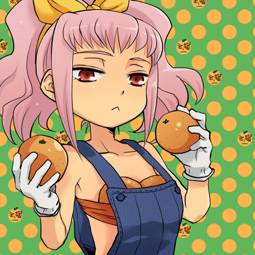 plum (arch), anya alstreim, code geass, lowres, 00s, 1girl, :<, bandeau, bare shoulders, breast padding, expressionless, female focus, food, fruit, gloves, hairband, holding, holding food, holding fruit, orange (fruit), overalls, padding, pink hair, puramubon, red eyes, short hair, solo, strapless, tube top