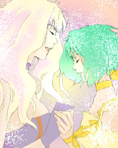 koma kiri aoko, ranka lee, sheryl nome, macross, macross frontier, 00s, 2girls, aokoma, blonde hair, bow, closed eyes, dress, gloves, green hair, holding hands, long hair, multiple girls, music, short hair, singing, twintails