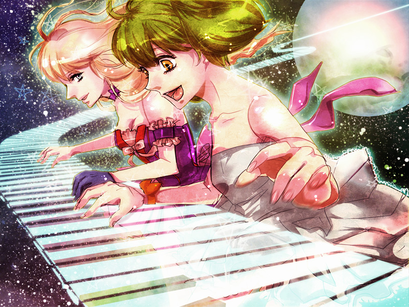 achiko, nasu achiko, ranka lee, sheryl nome, macross, macross frontier, bad id, bad pixiv id, 00s, 2girls, blonde hair, blue eyes, bow, dress, gloves, green hair, long hair, multiple girls, playing, short hair, smile, space, star (symbol), twintails