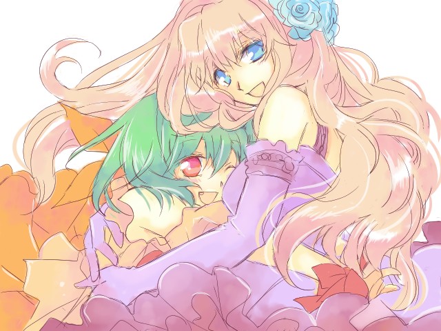 amano, ranka lee, sheryl nome, macross, macross frontier, 00s, 2girls, blonde hair, blue eyes, blush, bow, dress, flower, gloves, green hair, hug, long hair, multiple girls, orange dress, purple dress, red eyes, short hair, smile, twintails