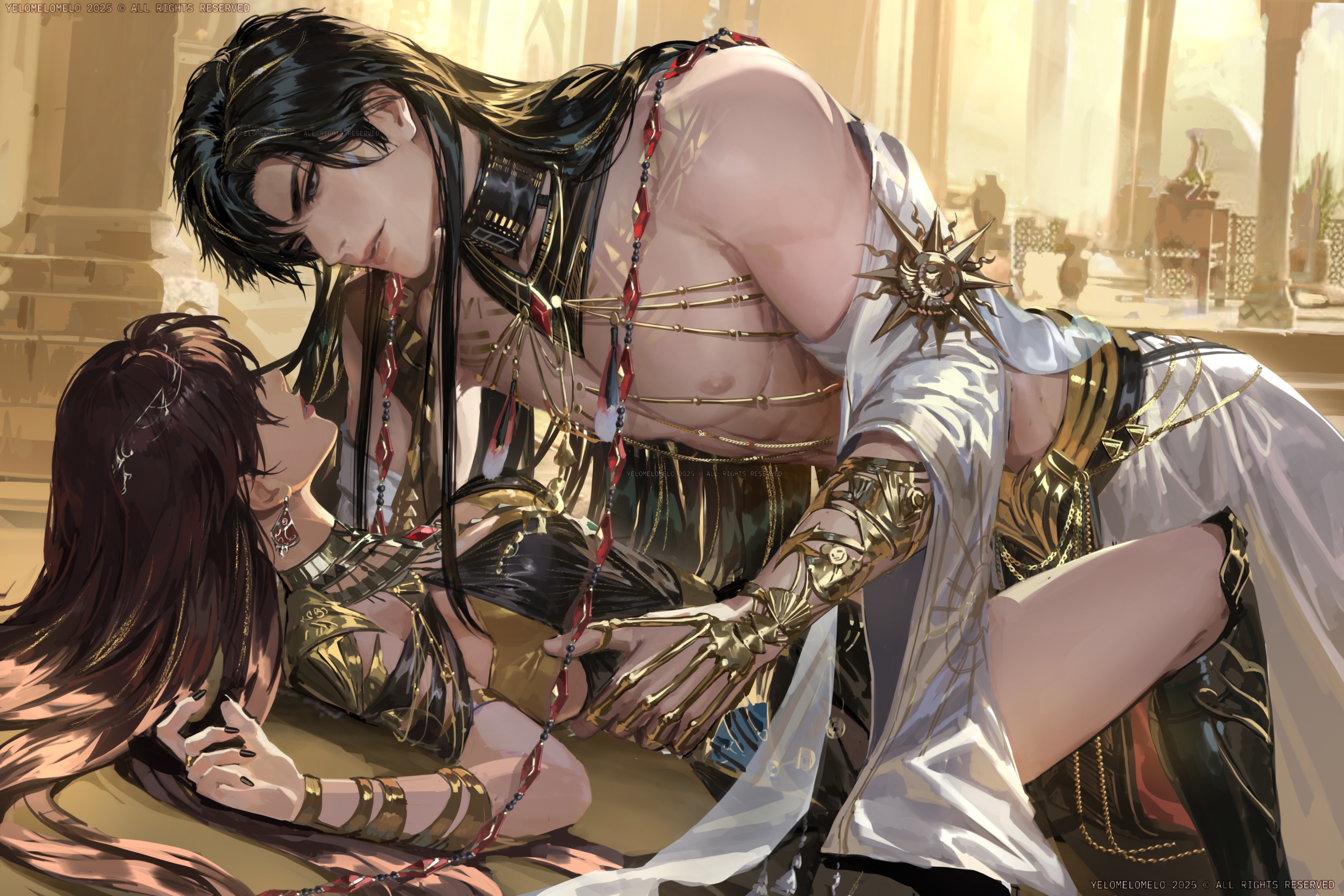 protagonist (love and deepspace), zayne (love and deepspace), love and deepspace, absurdres, highres, black choker, black dress, bracelet, chain, choker, couple, dress, gem, jewelry, open clothes, open shirt, parted bangs, pinned, thighs