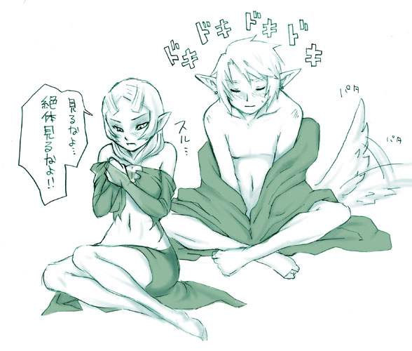 link, midna, midna (true), nintendo, the legend of zelda, the legend of zelda: twilight princess, spoilers, translated, 1boy, 1girl, barefoot, monochrome, pointy ears, tail, tail wagging, wolf tail