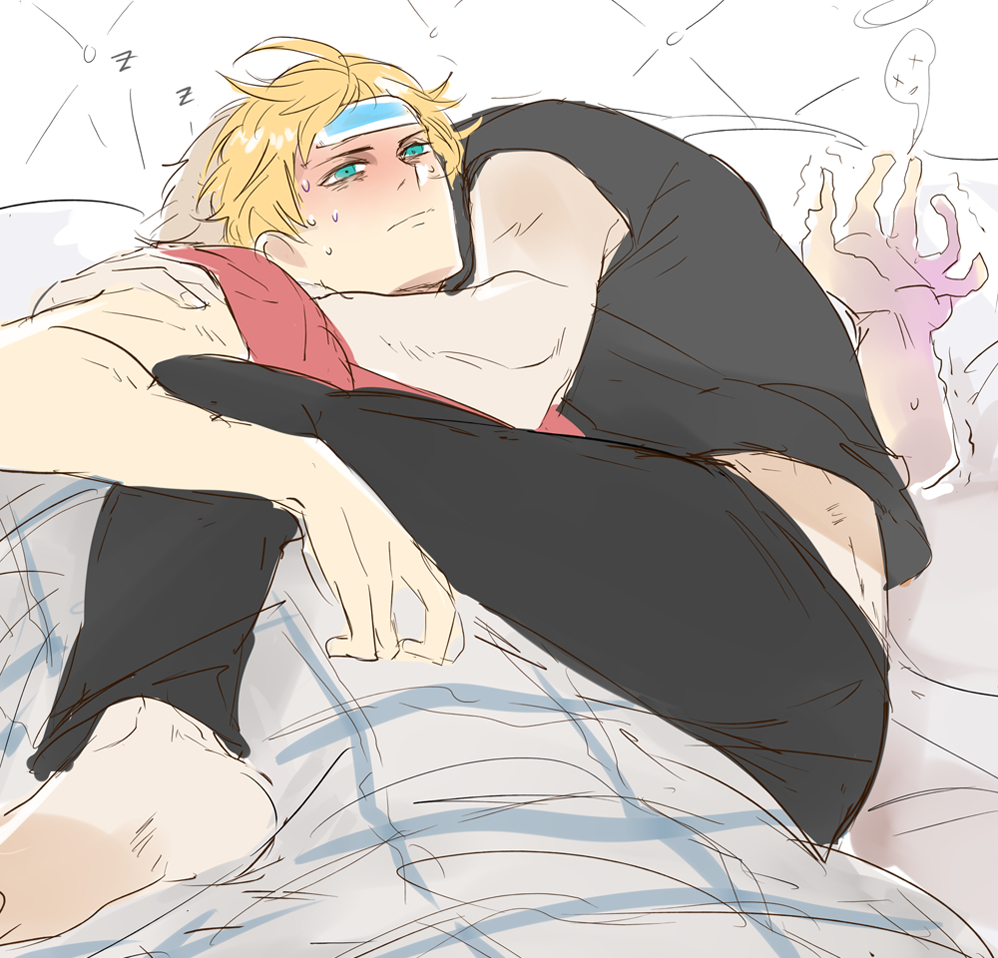 pvc parfait, arthur pendragon (fate), arthur pendragon alter (fate), fate/grand order, fate (series), 2boys, ahoge, aqua eyes, barefoot, black pants, black shirt, blanket, blonde hair, blue headband, closed mouth, dual persona, fingernails, giving up the ghost, hand on another's shoulder, headband, hug, looking up, lying, male focus, multiple boys, on back, on bed, pants, pillow, red shirt, selfcest, shirt, short hair, short sleeves, sleeping, sweat, t-shirt, trembling, yaoi, zzz