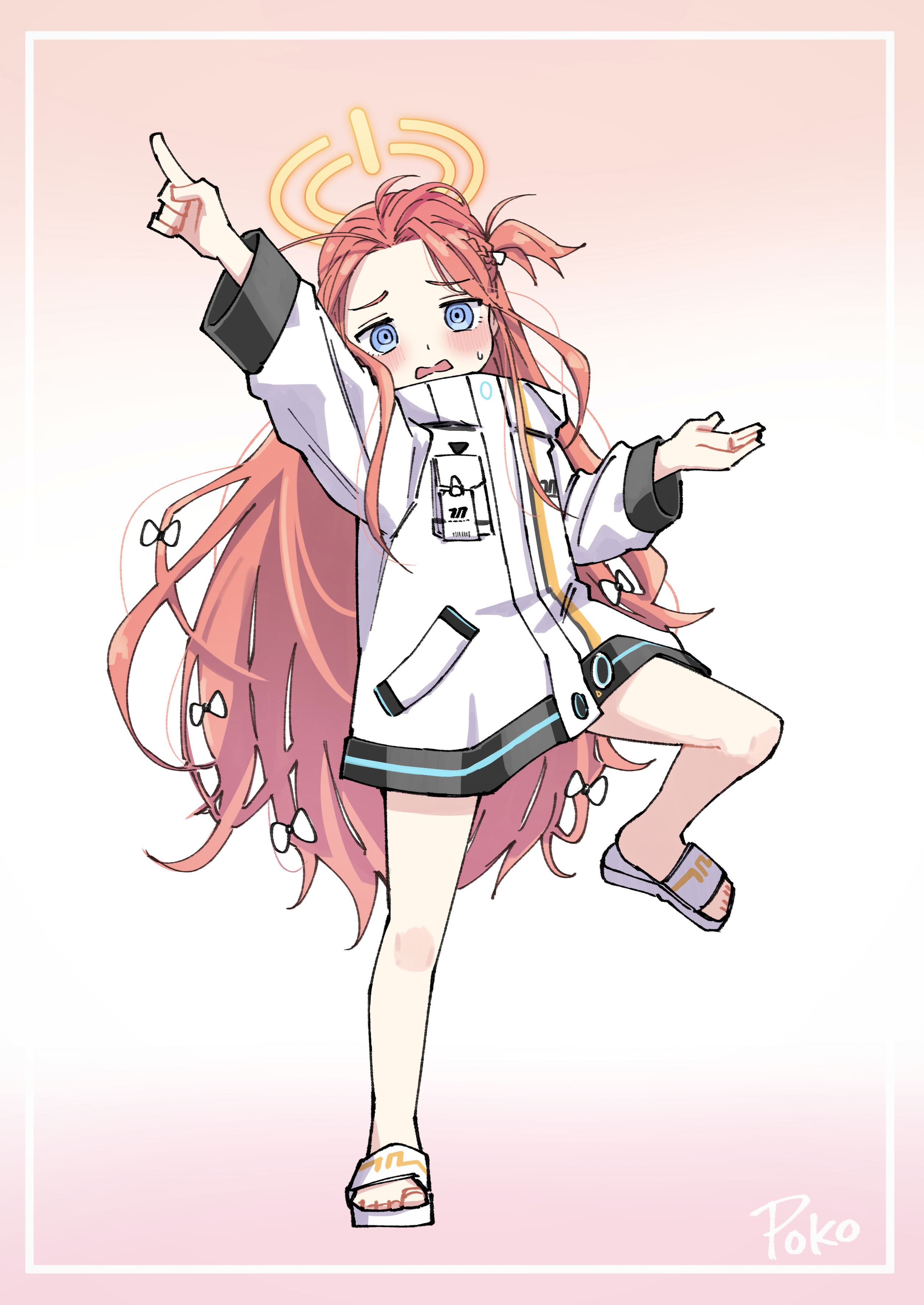 poko (user rjdg5478), yuzu (blue archive), blue archive, absurdres, commentary, highres, 1girl, artist name, blue eyes, blush, border, bow, forehead, full body, gradient background, hair bow, halo, jacket, long hair, long sleeves, looking at viewer, multiple hair bows, open mouth, orange halo, pointing, pointing up, red hair, sandals, solo, standing, standing on one leg, sweatdrop, very long hair, white border, white bow, white jacket, white sandals, yellow halo