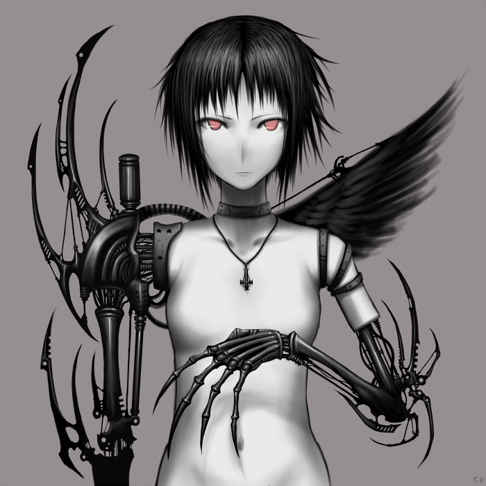 gia, bad id, bad pixiv id, 1girl, android, black hair, black wings, choker, female focus, jewelry, necklace, pale skin, red eyes, robot, short hair, skeleton, solo, wings