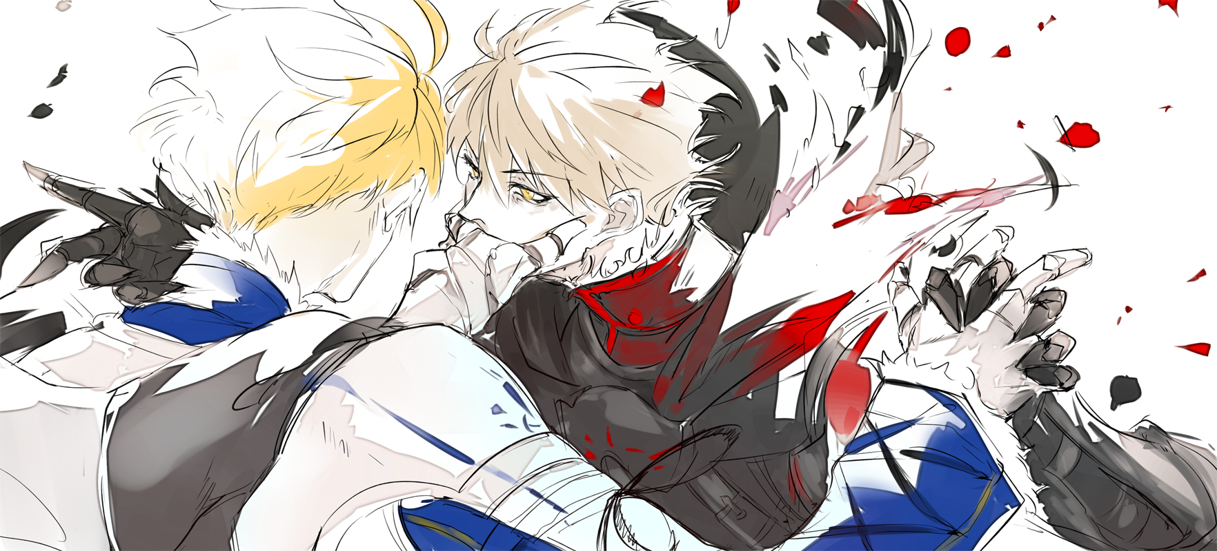 pvc parfait, arthur pendragon (fate), arthur pendragon alter (fate), fate/grand order, fate (series), highres, 2boys, ahoge, armor, black armor, black cape, blonde hair, blue shirt, cape, covering another's mouth, dual persona, from behind, full armor, fur-trimmed sleeves, fur trim, gauntlets, hair between eyes, hand on another's face, hands up, holding hands, long sleeves, looking at another, male focus, multiple boys, selfcest, shirt, short hair, shoulder armor, simple background, upper body, v-shaped eyebrows, white armor, white background, yaoi