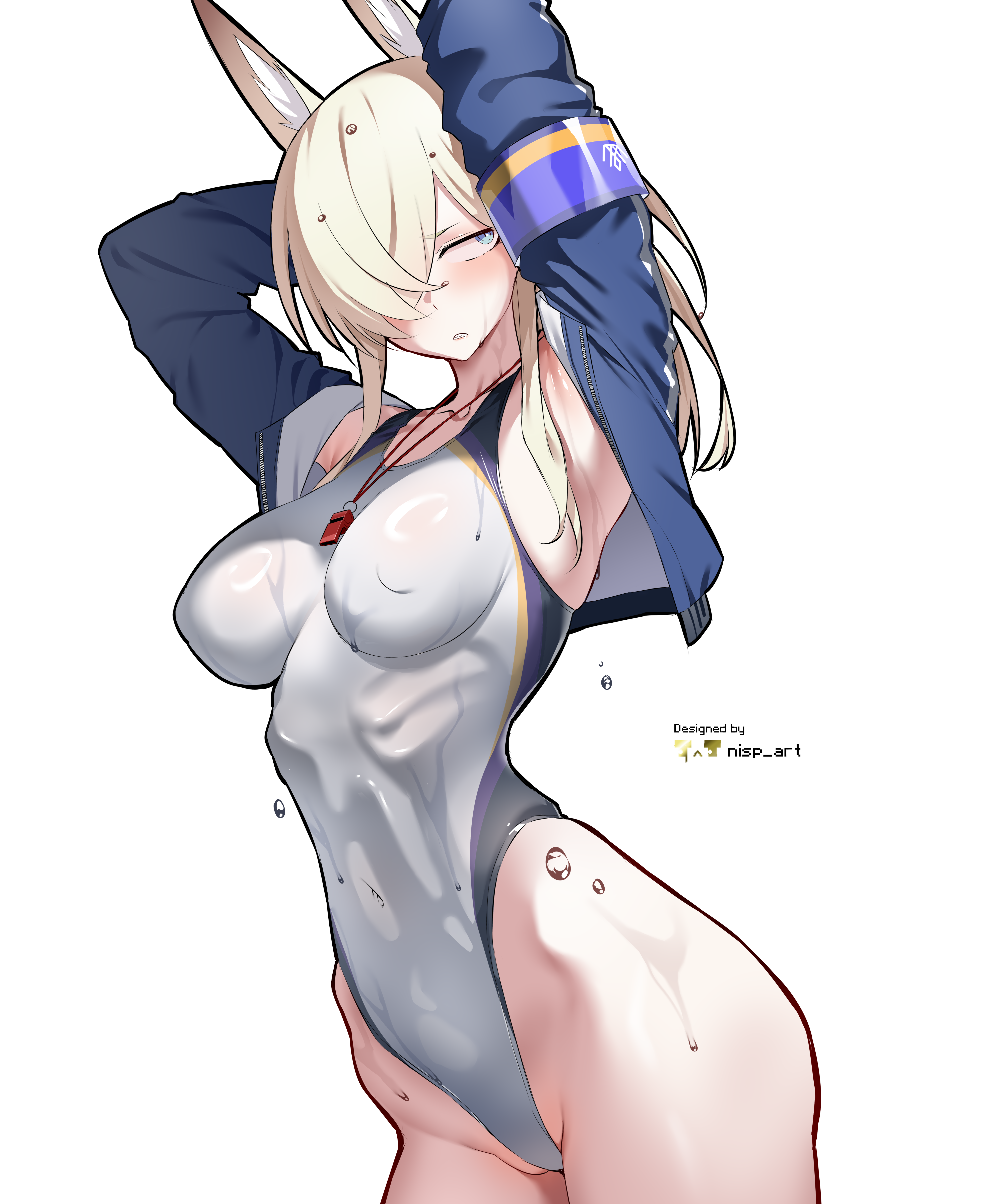 nisp art, kanna (blue archive), kanna (swimsuit) (blue archive), blue archive, absurdres, commentary, english commentary, highres, 1girl, animal ear fluff, animal ears, armband, armpit peek, arms up, artist name, bare legs, blonde hair, blue armband, blue eyes, blue jacket, blush, breasts, competition swimsuit, covered erect nipples, covered navel, cropped jacket, hair over one eye, highleg, highleg one-piece swimsuit, hip bones, jacket, large breasts, no halo, one-piece swimsuit, one eye covered, open clothes, open jacket, partially visible vulva, simple background, skin tight, solo, swimsuit, two-tone swimsuit, whistle, whistle around neck, white background