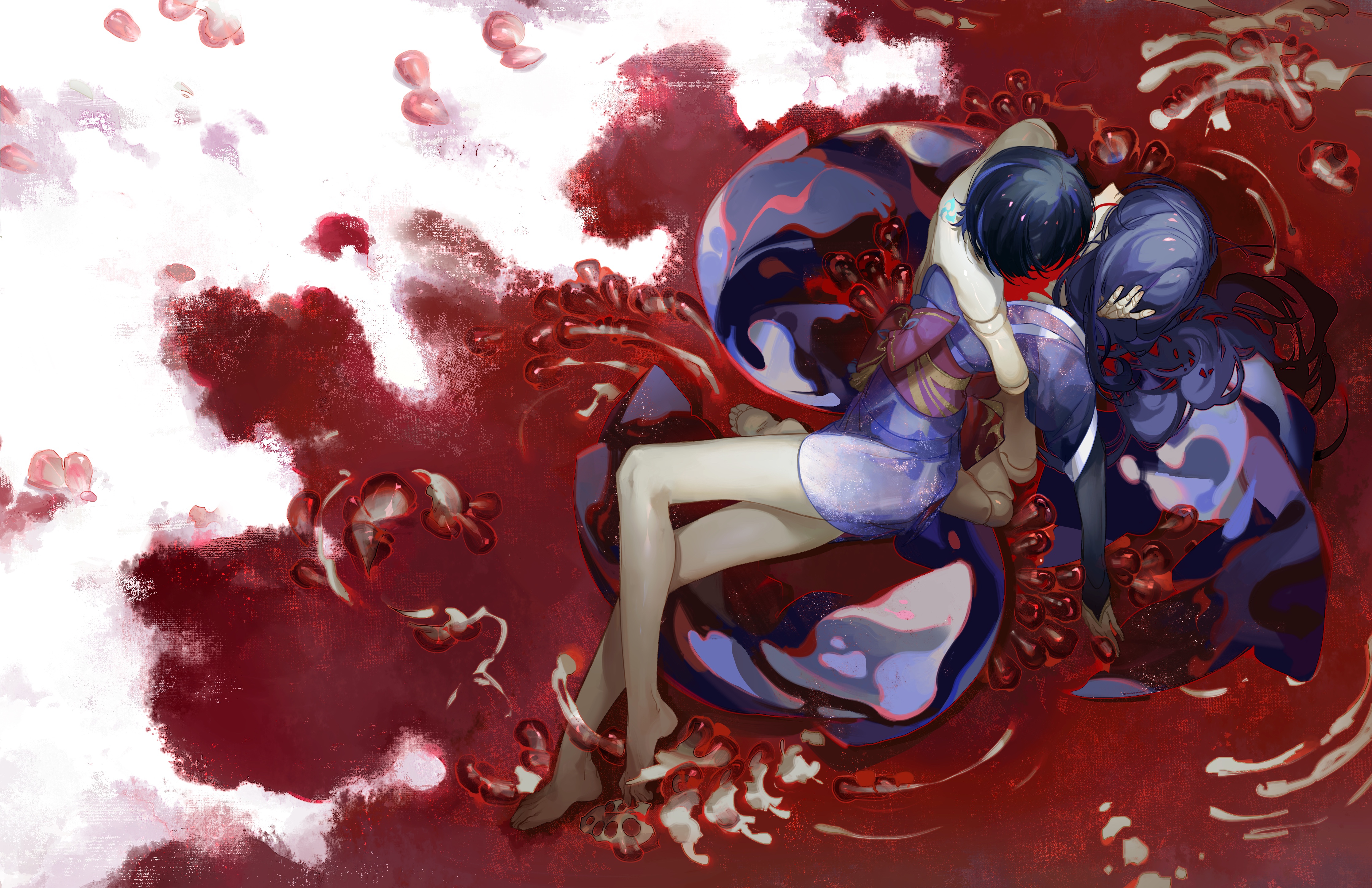 nnikko, raiden shogun, scaramouche (genshin impact), genshin impact, absurdres, chinese commentary, duplicate, highres, 1boy, 1girl, bare legs, bare shoulders, barefoot, blood, blood on face, blood stain, blue hair, braid, doll joints, from above, hug, japanese clothes, joints, long hair, lying, mitsudomoe (shape), mother and son, on side, pool of blood, purple hair, ripples, short hair, single braid, sitting, tomoe (symbol), wariza