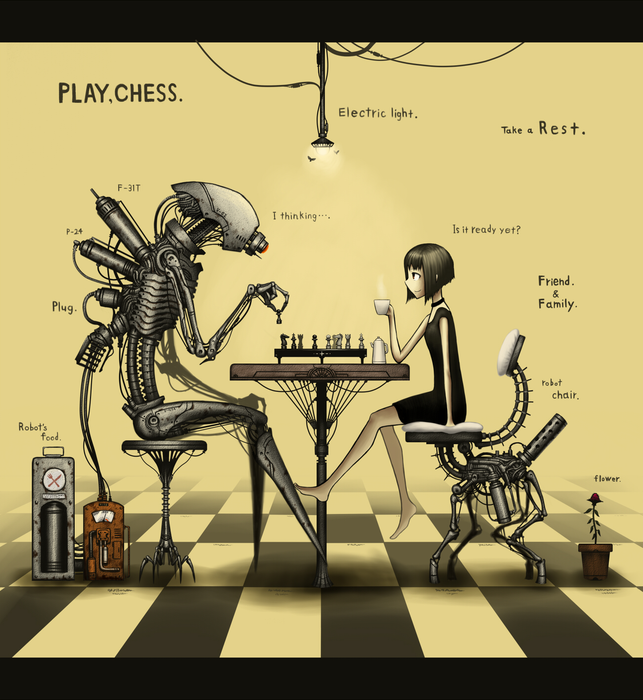 gia, light, highres, 1girl, barefoot, black hair, board game, bug, chair, chess, choker, cup, dress, english text, engrish text, flower, flower pot, insect, moth, plant, potted plant, ranguage, robot, rose, short hair, sitting, smile, table, tea, teapot