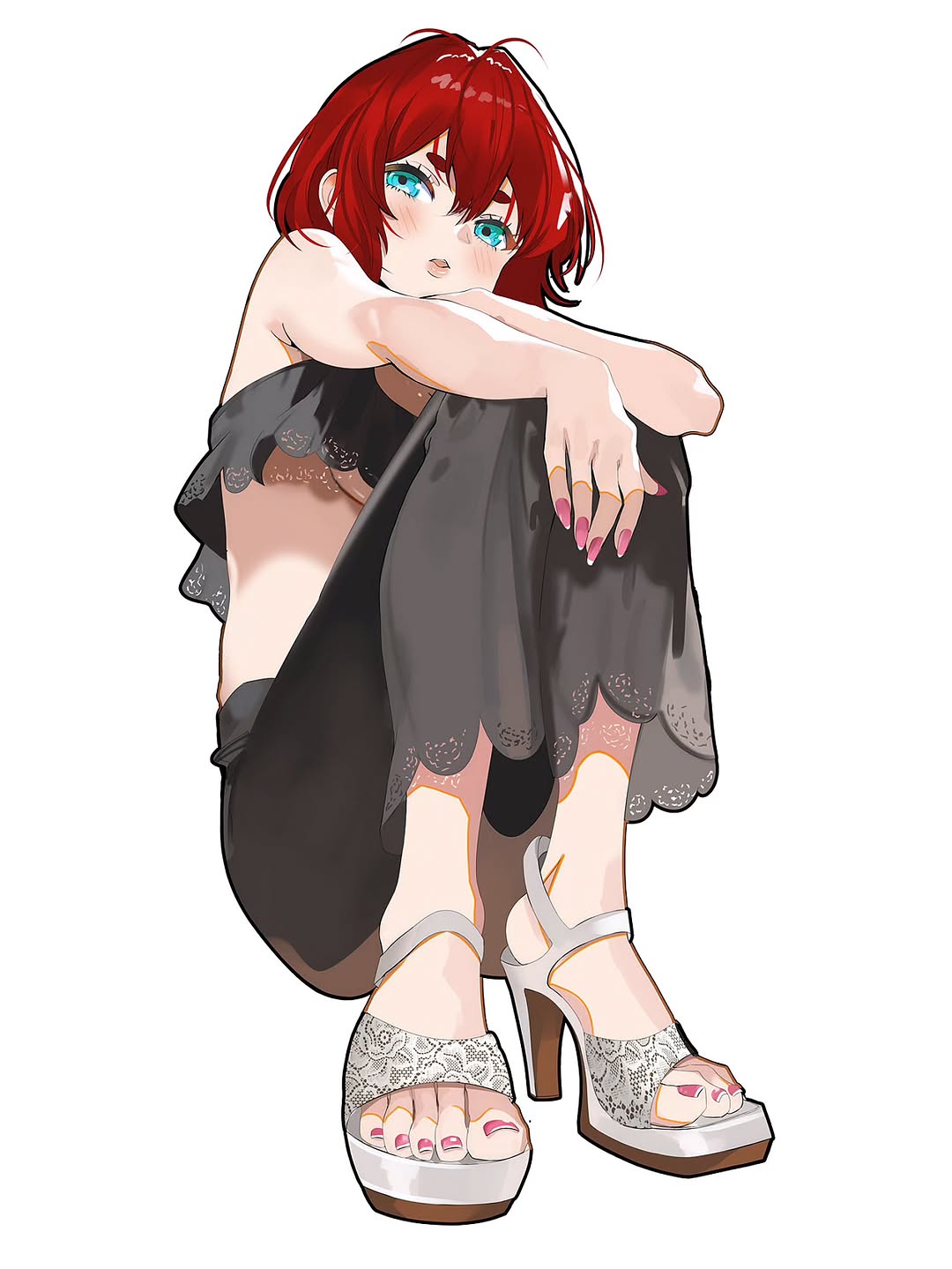 davoxime, original, commentary, english commentary, highres, 1girl, aqua eyes, armpit crease, black pants, blush, breasts, eyelashes, feet, full body, hair between eyes, high heel sandals, high heels, lace trim, looking at viewer, medium hair, nail polish, pants, parted lips, pink nails, red hair, sandals, simple background, solo, squatting, strappy heels, thick eyebrows, toenail polish, toenails, toes, underboob, white background