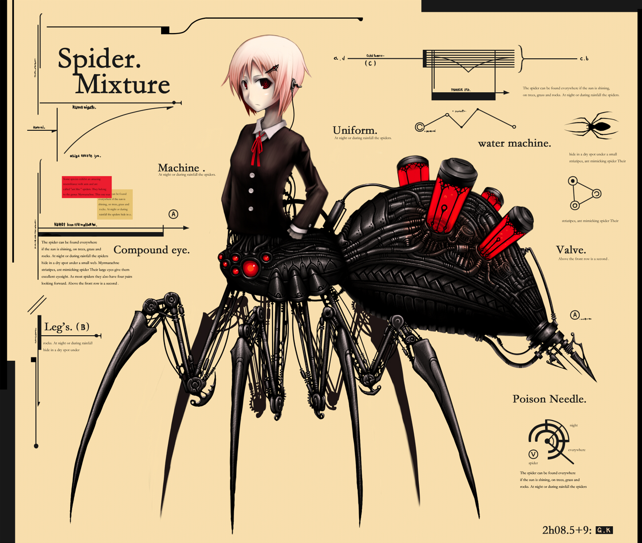 gia, mechanical, duplicate, 1girl, arachne, arthropod girl, bug, diagram, female focus, hair ornament, hairclip, headphones, insect girl, mecha musume, monster girl, pink hair, red eyes, robot, school uniform, serafuku, short hair, solo, spider, spider girl, taur