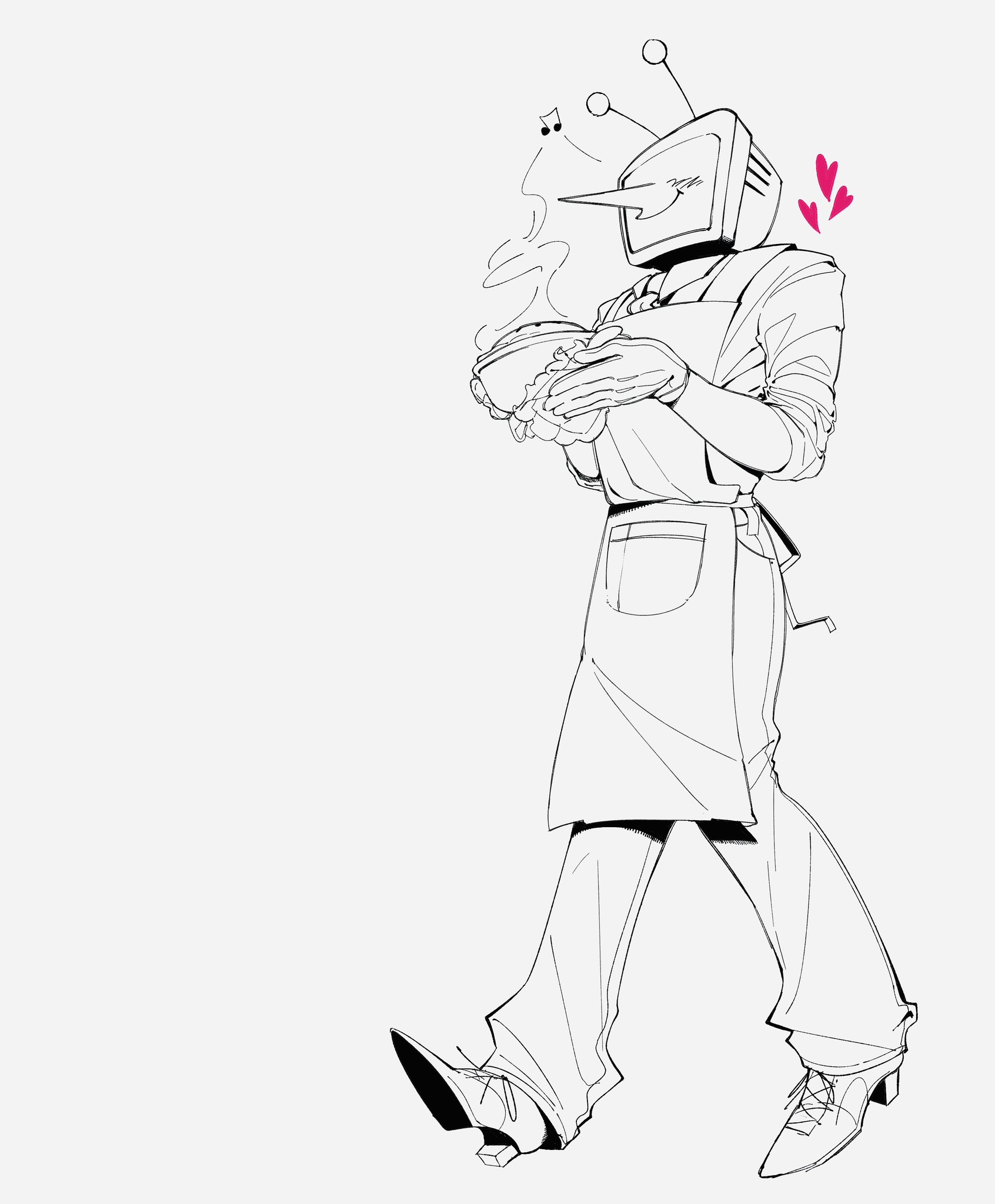 im vess, ant tenna, deltarune, utdr (toby fox), commentary, english commentary, highres, 1boy, apron, bowl, collared shirt, crt, gloves, greyscale, heart, holding, holding bowl, long nose, male focus, monochrome, necktie, object head, pants, pointy nose, radio antenna, shirt, shoes, solo