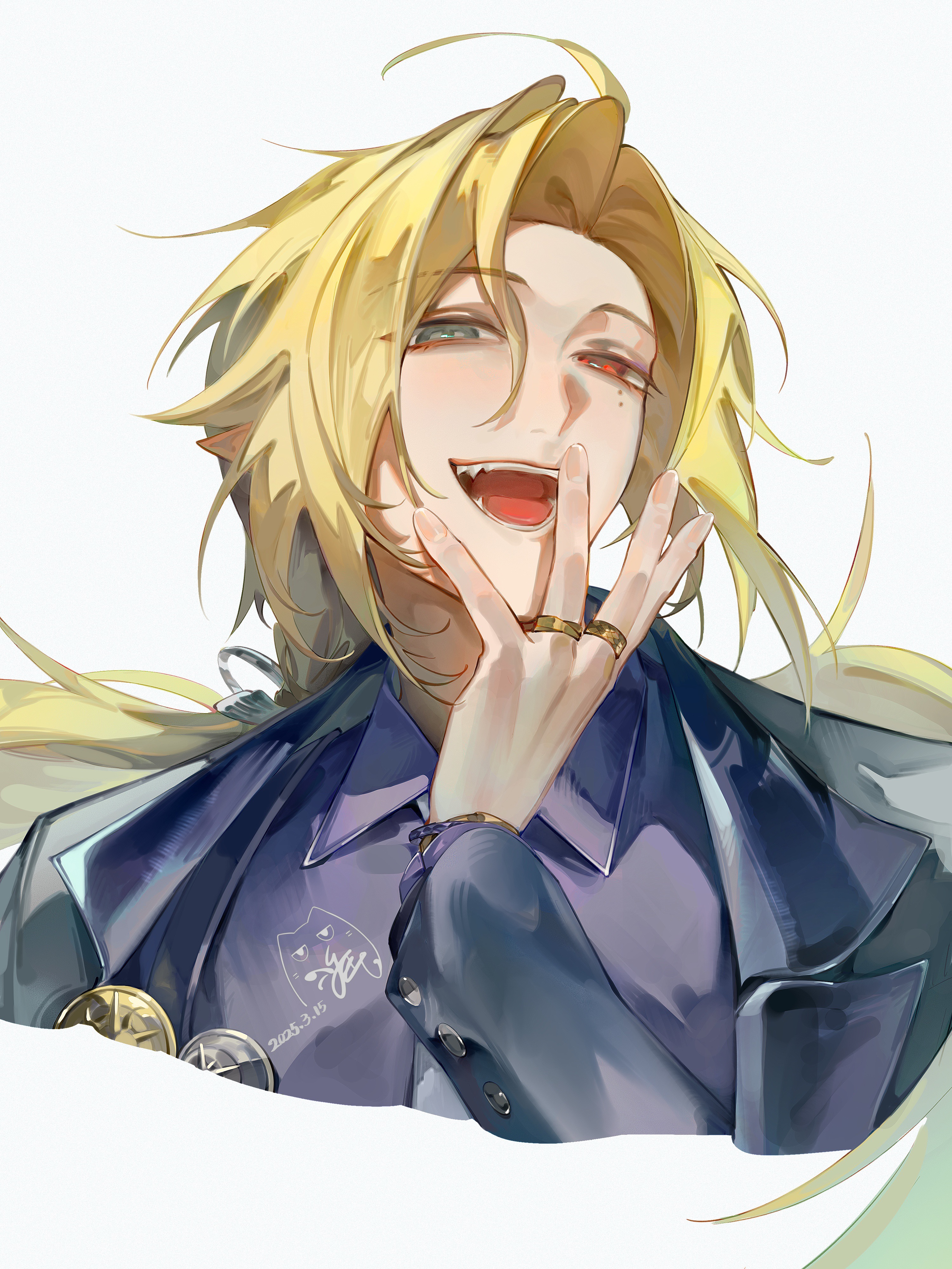 you yeyou0904, hugo vlad, zenless zone zero, absurdres, highres, 1boy, blonde hair, bracelet, coat, covering own mouth, fangs, green eyes, heterochromia, jewelry, laughing, long hair, looking at viewer, medallion, mole, mole under eye, multiple rings, open mouth, purple coat, purple shirt, red eyes, ring, ring hair ornament, shirt, solo, tongue, white background