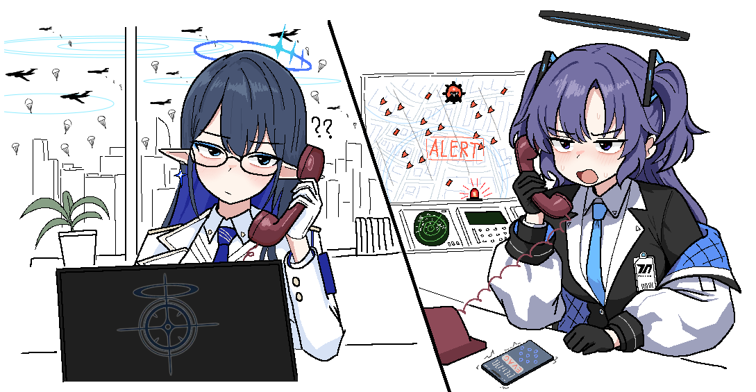 cocktiel77, rin (blue archive), yuuka (blue archive), blue archive, commentary, english commentary, 2girls, ?, ??, aircraft, airplane, armband, black gloves, black halo, black suit, blue armband, blue eyeliner, blue hair, blue halo, blue necktie, breasts, building, cable, calling, cellphone, city, cityscape, closed mouth, coat, collarbone, colored inner hair, computer, confused, earrings, eyeliner, formal clothes, glasses, gloves, hair ornament, halo, holding, holding phone, id card, jacket, jacket partially removed, jewelry, long hair, makeup, map, mechanical halo, medium breasts, millennium science school logo, monitor, motion lines, multicolored hair, multiple girls, necktie, open mouth, parachute, paratrooper, phone, plant, pointy ears, potted plant, purple eyes, purple hair, radar, red dawn, red winter federal academy logo, rimless eyewear, schale logo, shirt, silhouette, single earring, smartphone, split screen, suit, suit jacket, sweat, talking, triangle hair ornament, two side up, utnapishtim operator uniform (blue archive), white coat, white gloves, white shirt, window