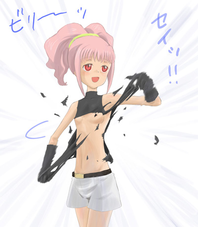 aoi he nyahiko, anya alstreim, code geass, bad id, bad pixiv id, lowres, translation request, 00s, 1girl, bare shoulders, breasts, female focus, geass, gloves, midriff, mind control, pink hair, red eyes, short hair, shorts, small breasts, smile, solo, torn clothes, underboob, wardrobe malfunction