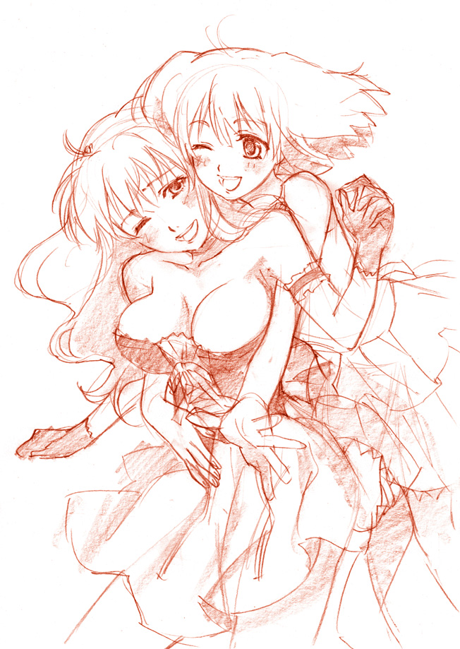 azmr, tan tan tanuki, ranka lee, sheryl nome, macross, macross frontier, 00s, 2girls, blush, bow, corset, dress, gloves, long hair, multiple girls, short hair, skirt, smile
