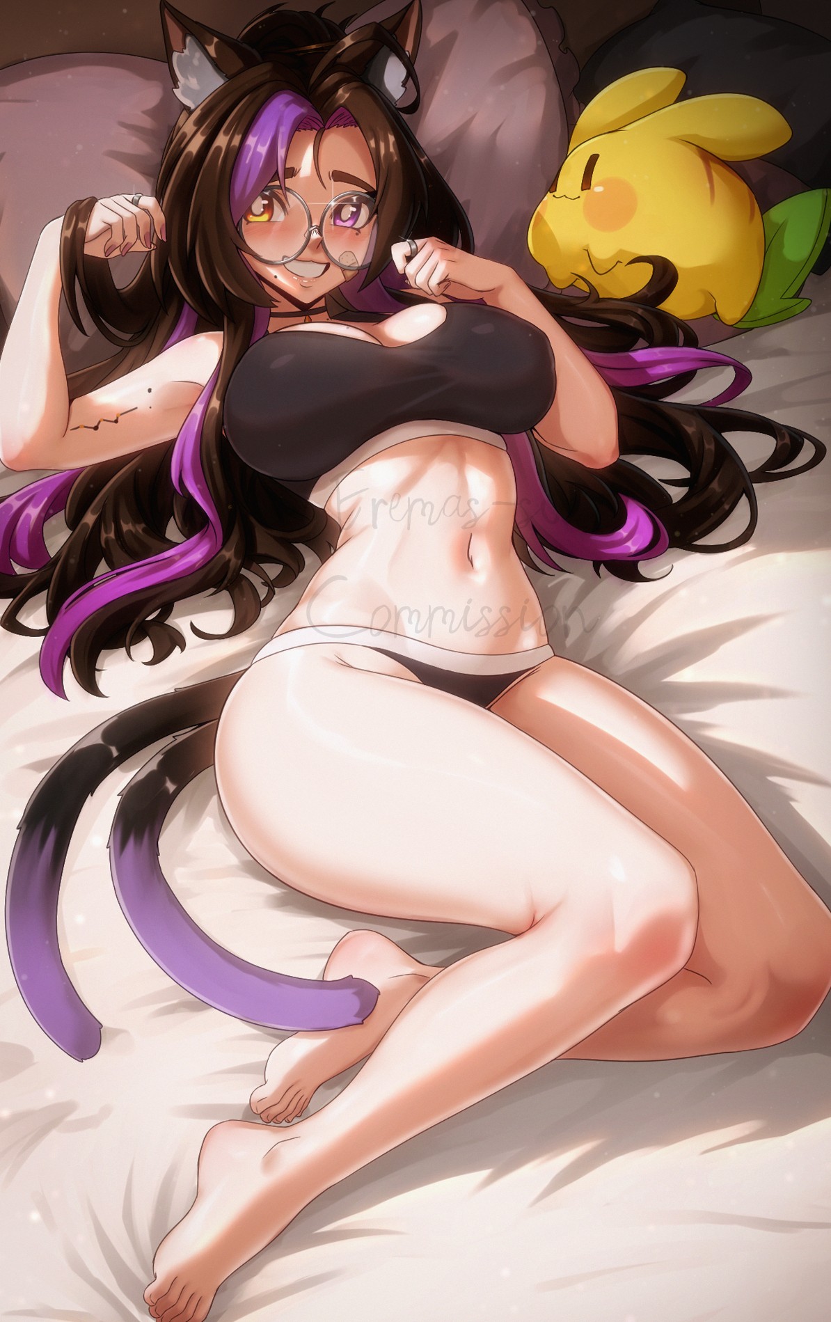 eremas-su, original, commission, highres, 1girl, animal ear fluff, animal ears, barefoot, black panties, black sports bra, blush, breasts, brown hair, cat ears, cat girl, cat tail, cleavage, eyebrows hidden by hair, full body, glasses, hair over one eye, large breasts, lips, long hair, looking at viewer, lying, multicolored hair, multiple tails, navel, on bed, on side, open mouth, panties, paw pose, pillow, purple hair, smile, solo, sports bra, stomach, stuffed animal, stuffed toy, tail, teeth, toes, two-tone hair, underwear