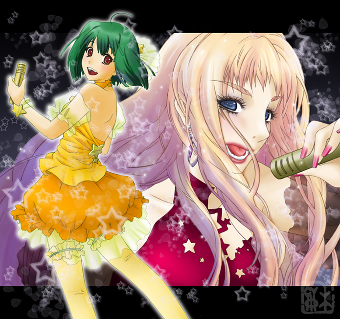 kazu (pixiv8325), ranka lee, sheryl nome, macross, macross frontier, 00s, 2girls, blonde hair, bow, dress, earrings, green hair, jewelry, long hair, microphone, multiple girls, music, orange skirt, red eyes, short hair, singing, skirt, star (symbol), thighhighs