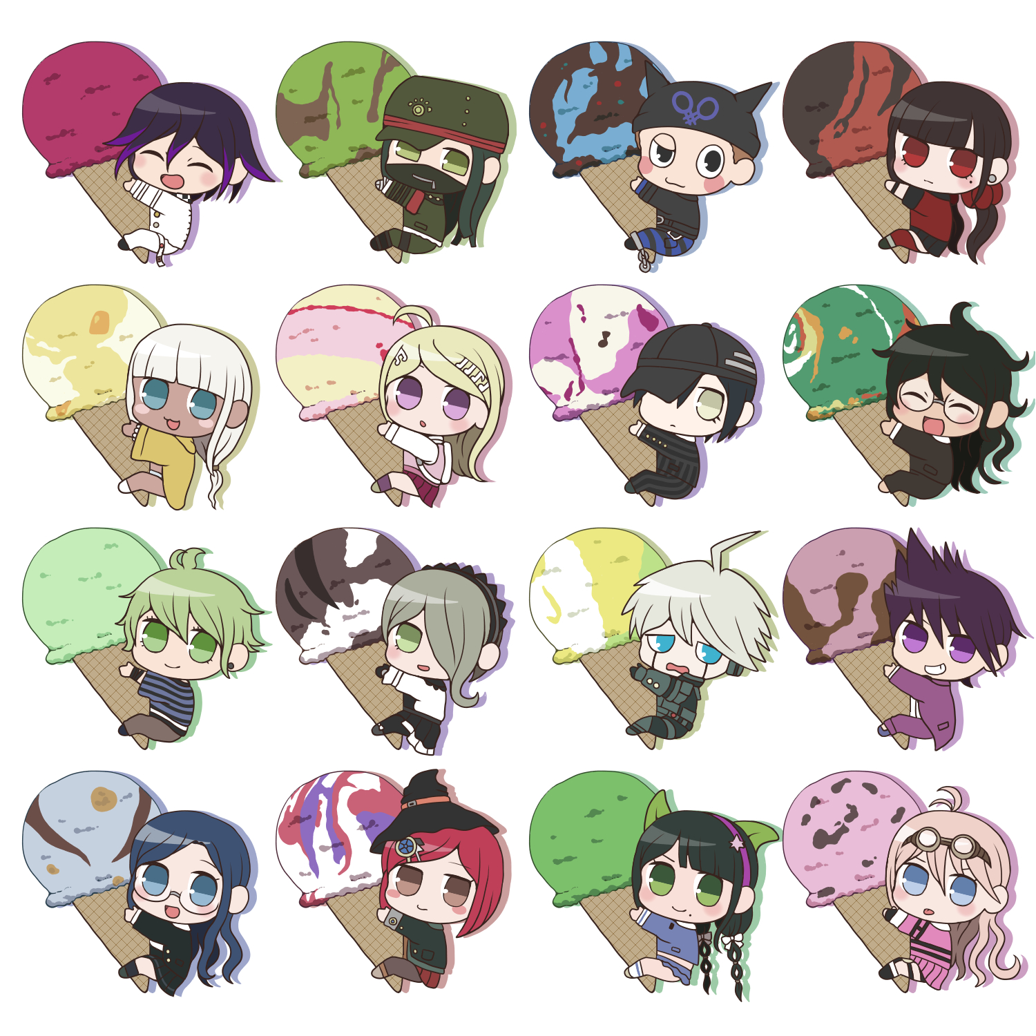 hotatechoco (hotariin), akamatsu kaede, amami rantaro, chabashira tenko, gokuhara gonta, harukawa maki, hoshi ryoma, iruma miu, k1-b0, momota kaito, oma kokichi, saihara shuichi, shinguji korekiyo, shirogane tsumugi, tojo kirumi, yonaga angie, yumeno himiko, danganronpa (series), danganronpa v3: killing harmony, commentary request, highres, 6+boys, 6+girls, :o, :p, ^ ^, absurdly long hair, ahoge, android, antenna hair, arm belt, armband, backpack, bag, bandaged arm, bandages, bare legs, barefoot, baseball cap, bead bracelet, beads, beanie, belt, belt buckle, bikini, black belt, black boots, black corset, black dress, black eyes, black gloves, black hair, black hat, black jacket, black mask, black pants, black pantyhose, black sailor collar, black scarf, black shoes, black skirt, blazer, blonde hair, blowing raspberry, blue eyes, blue gemstone, blue hair, blue pants, blue serafuku, blue shirt, blue skirt, blunt bangs, blush stickers, boots, bow, bracelet, brown-framed eyewear, brown eyes, brown hair, brown jacket, brown pants, brown shoes, brown suit, buckle, business suit, buttons, chain, checkered clothes, checkered scarf, chest belt, chibi, clinging, closed eyes, closed mouth, coat, collared dress, confused, corset, dark-skinned female, dark-skinned male, dark skin, denim, dress, dress pants, drop shadow, earrings, everyone, expressionless, eyelashes, facial hair, fake horns, food, formal clothes, fortissimo, frilled dress, frilled hairband, frilled skirt, frilled sleeves, frills, gakuran, gem, gem hair ornament, glasses, gloves, goatee, goggles, goggles on head, green bow, green eyes, green hair, green hat, green jacket, green pants, grey boots, grey hair, grey hairband, grey shoes, grin, hair between eyes, hair bow, hair ornament, hair over one eye, hair scrunchie, hair tie, hairband, hairclip, half-closed eye, happy, hat, hat belt, hood, hood down, hooded coat, horned headwear, horns, ice cream, ice cream cone, jacket, jeans, jewelry, knee boots, knee pads, kneehighs, layered dress, layered sleeves, leather, leather jacket, light frown, long dress, long hair, long sideburns, long sleeves, low twintails, mask, medium skirt, messy hair, midriff, miniskirt, mole, mole under eye, mole under mouth, mouth mask, multi-tied hair, multicolored buttons, multiple belts, multiple boys, multiple girls, multiple hair bows, musical note, musical note hair ornament, o-ring, o-ring belt, one eye covered, open clothes, open coat, open mouth, pants, pantyhose, peaked cap, pink belt, pink hairband, pink serafuku, pink skirt, pink vest, pinstripe jacket, pinstripe pants, pinstripe pattern, pleated dress, pleated skirt, pocket, print headwear, purple coat, purple eyes, purple hair, purple pants, purple skirt, purple socks, raincoat, red armband, red eyes, red scrunchie, red shirt, red skirt, red thighhighs, round eyewear, sad, sailor collar, scarf, school uniform, scrunchie, serafuku, shirt, shoes, short hair, sideburns, simple background, single ankle cuff, skirt, skirt set, sleeve cuffs, sleeves past wrists, smile, socks, solo, spiked hair, straight hair, striped clothes, striped pants, striped shirt, stud earrings, suit, swimsuit, thigh belt, thigh strap, thighhighs, three-quarter sleeves, tongue, tongue out, torn clothes, torn jeans, torn pants, twintails, two-tone pants, two-tone scarf, undershirt, very long hair, vest, wavy mouth, white background, white bag, white belt, white bikini, white boots, white bow, white dress, white hair, white jacket, white pants, white sailor collar, white scarf, white shirt, white socks, witch hat, wrist belt, yellow eyes, yellow raincoat, zettai ryouiki, zipper, zipper pull tab