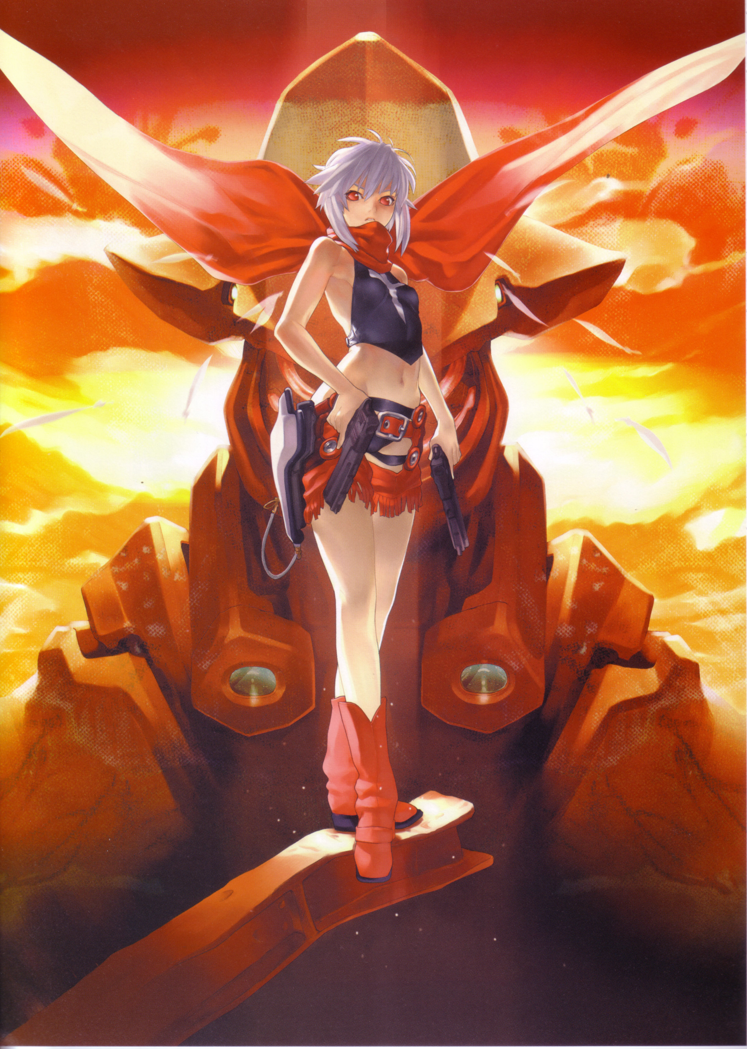 hakua ugetsu, jo (bakuretsu tenshi), bakuretsu tenshi, silver hair, absurdres, highres, scan, 00s, 1girl, boots, desert eagle, dual wielding, female focus, fringe trim, gun, handgun, hands on own hips, holding, holster, manly, midriff, pistol, red eyes, scarf, semi-automatic pistol, short hair, solo, sunset, thigh holster, weapon