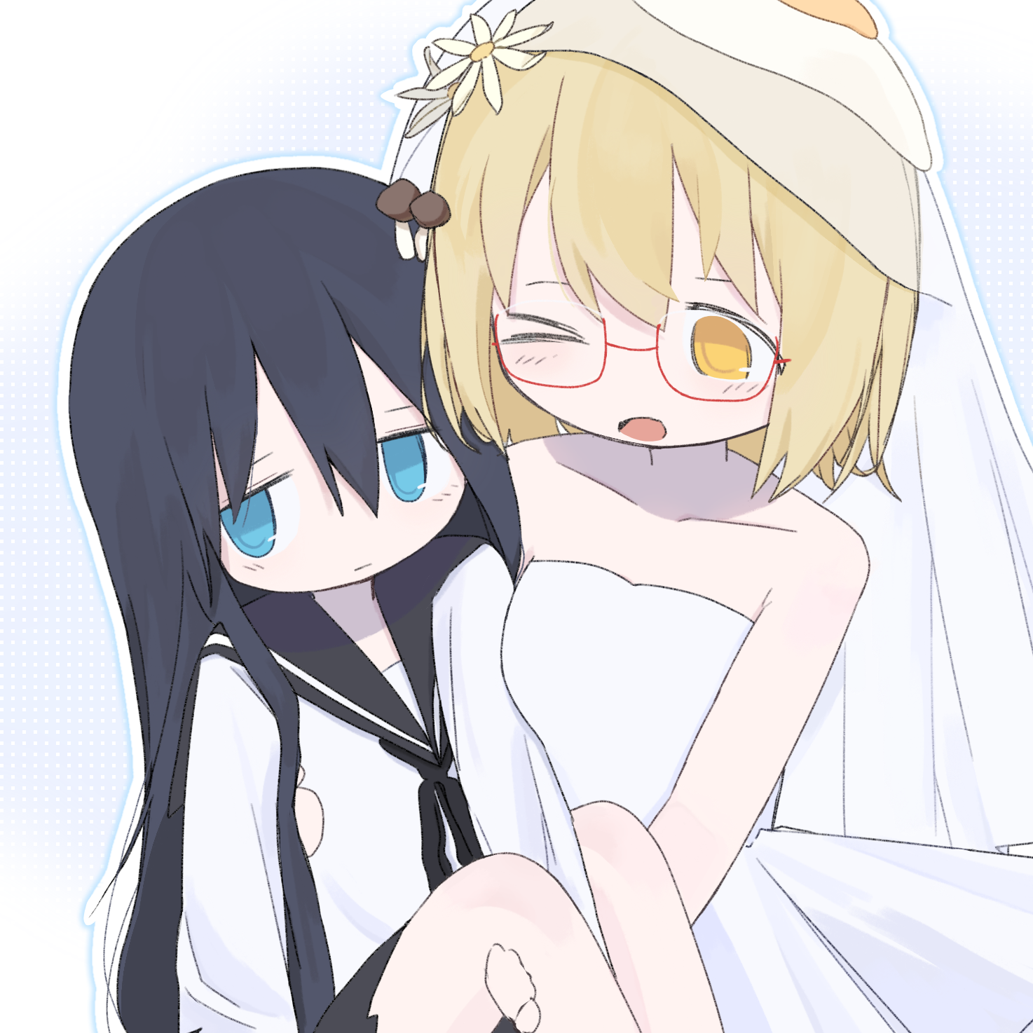 tsukishima shijima, yamashita majime, shimeji simulation, highres, 2girls, ben-day dots, black hair, black ribbon, black sailor collar, blonde hair, blue eyes, carrying, closed mouth, collarbone, cowboy shot, dress, egg (food), flower, food, fried egg, hair between eyes, hair flower, hair ornament, long hair, long sleeves, looking to the side, multiple girls, mushroom, object on head, one eye closed, open mouth, outline, princess carry, red-framed eyewear, ribbon, sailor collar, school uniform, screentones, semi-rimless eyewear, serafuku, shirt, short hair, simple background, user kjjr3284, veil, wedding dress, white dress, white outline, white shirt, white veil