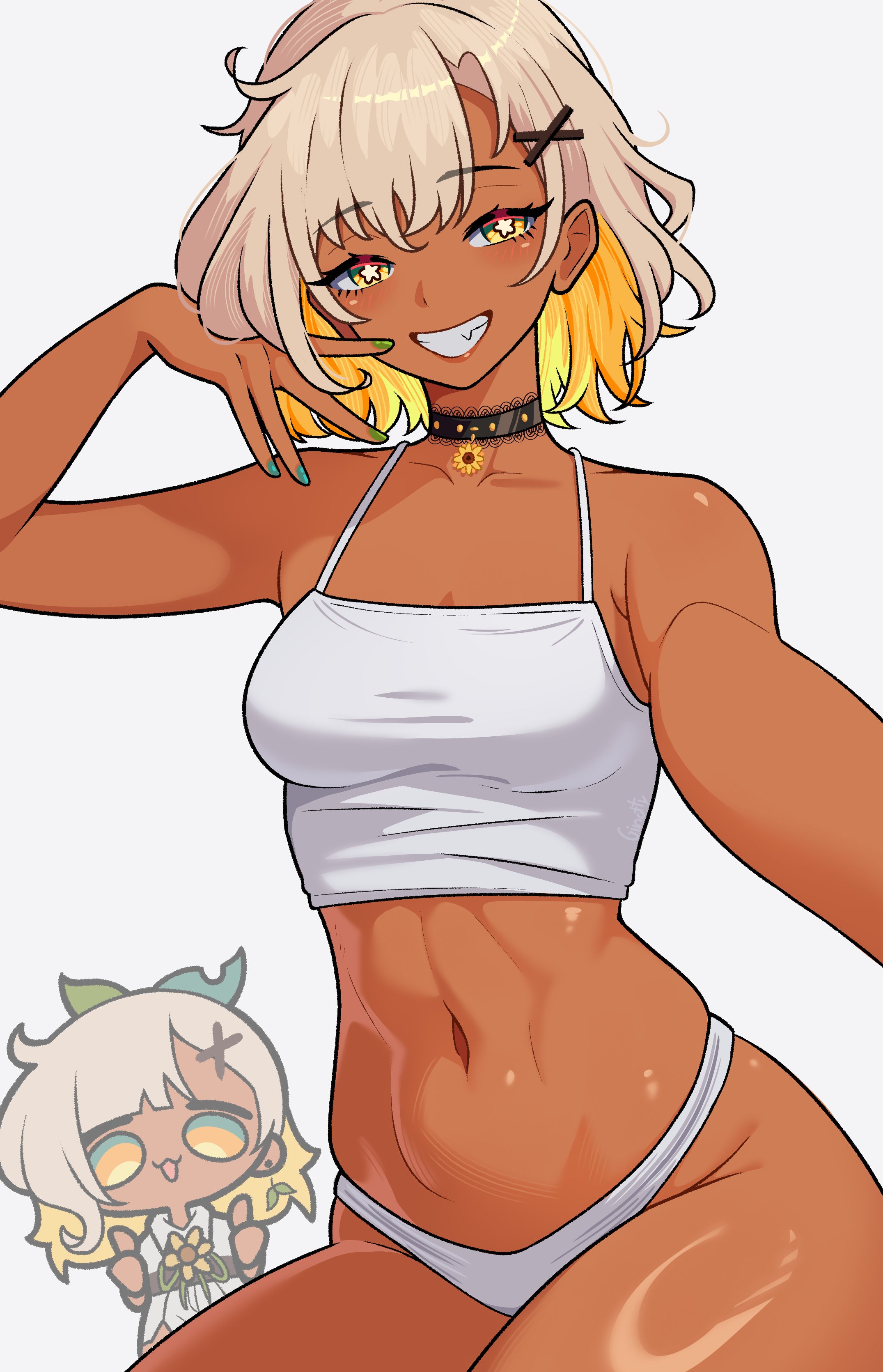 ginotty, original, absurdres, highres, 1girl, blonde hair, breasts, camisole, chibi, chibi inset, choker, crop top, dark-skinned female, dark skin, fang, flower, flower-shaped pupils, flower choker, ganguro, green eyes, green nails, grin, gyaru, hair down, hair ornament, medium breasts, midriff, mira (ginotty), multicolored eyes, multicolored hair, navel, panties, smile, solo, spaghetti strap, sunflower, symbol-shaped pupils, toned, toned female, two-tone eyes, two-tone hair, underwear, underwear only, white camisole, white panties, x hair ornament, yellow eyes