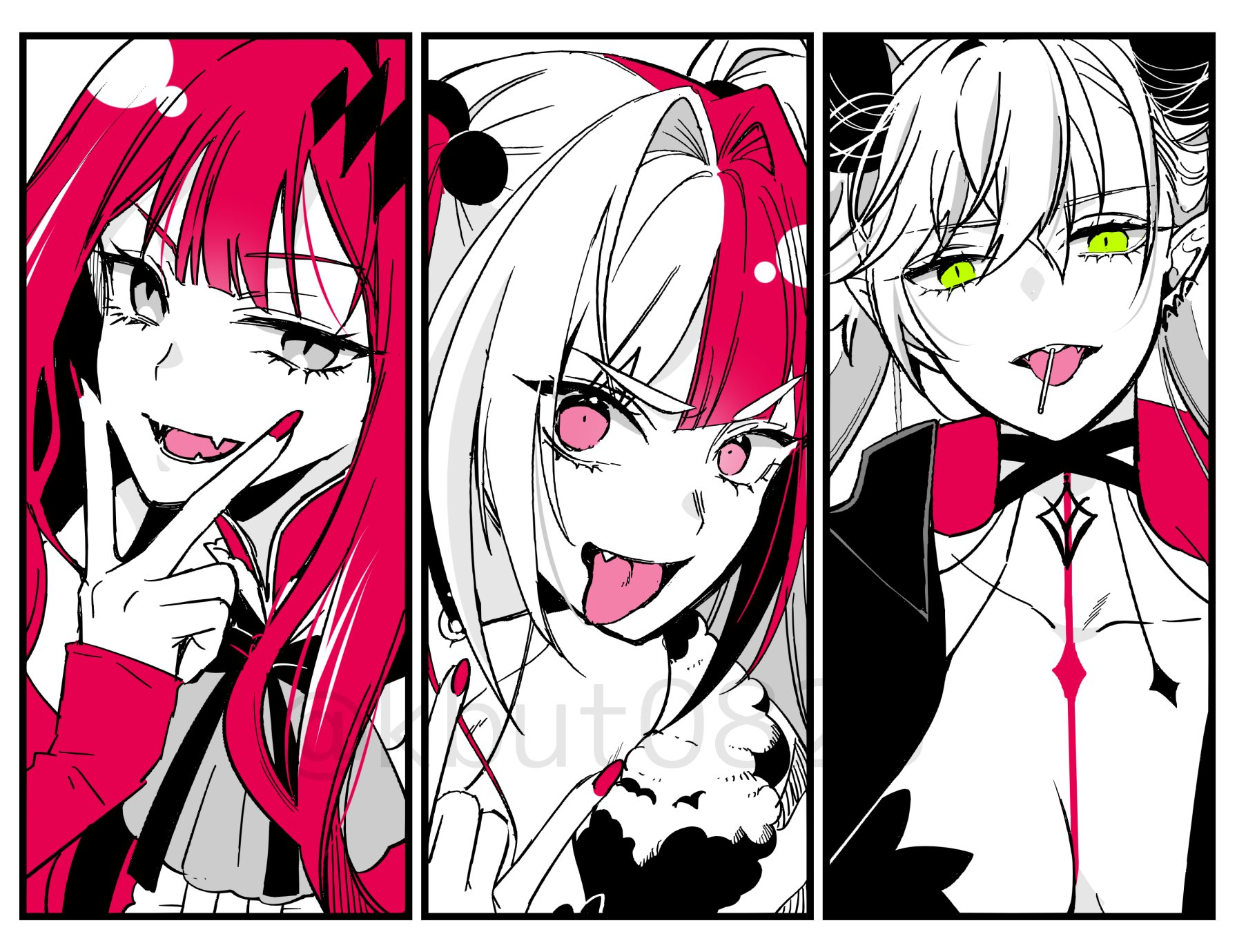 kbut0823, baobhan sith (fate), baobhan sith (first ascension) (fate), lilith (fate), lilith (second ascension) (fate), matsunaga hitsuhide (fate), fate/grand order, fate (series), highres, 3girls, breasts, candy, fang, fangs, food, green eyes, hair ornament, hand up, lollipop, long hair, looking at viewer, multicolored hair, multiple girls, pink hair, pointy ears, portrait, smile, tongue, tongue out, two-tone hair, v, white hair