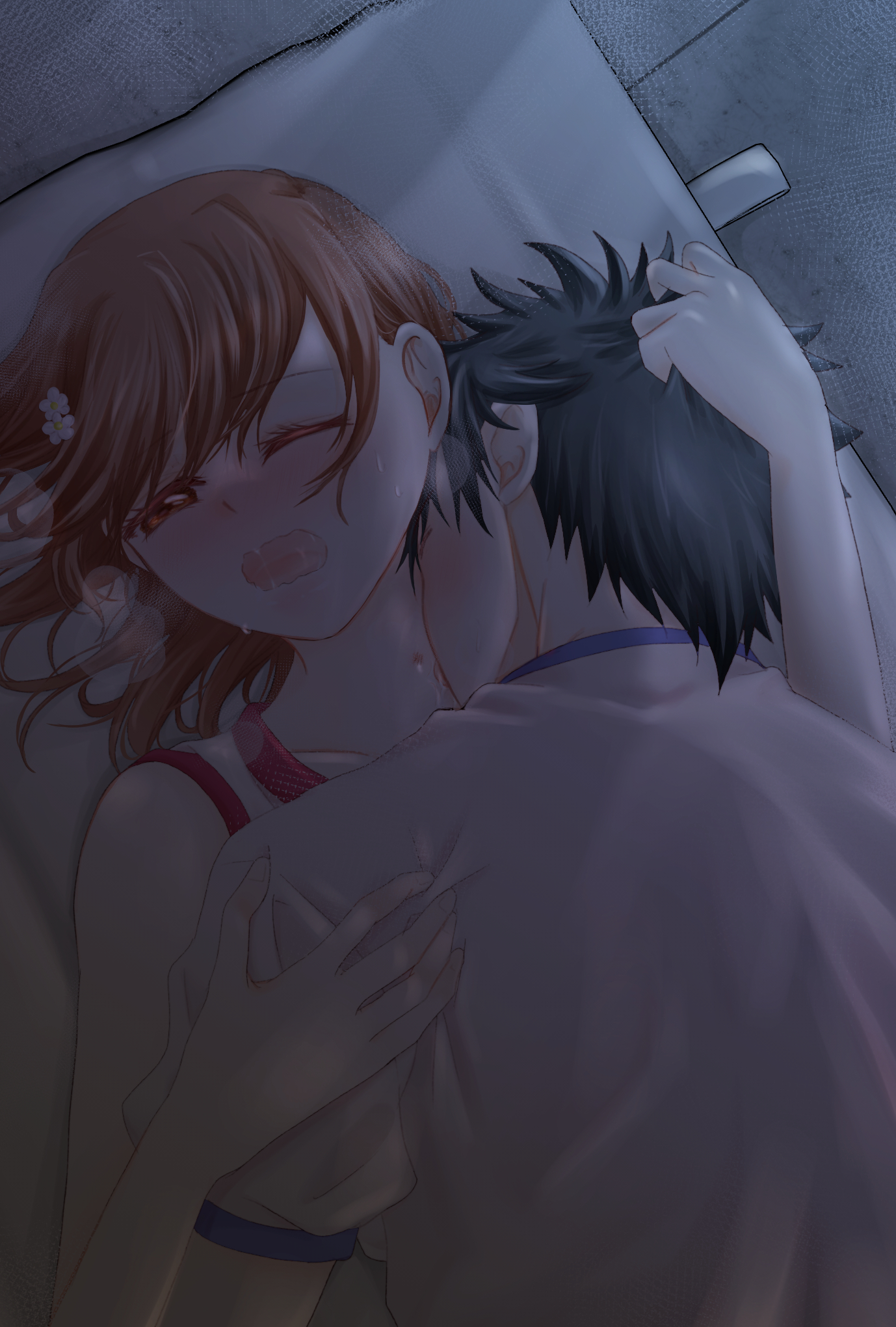 kamijou touma, misaka mikoto, toaru kagaku no railgun, toaru kagaku no railgun t, toaru majutsu no index, commentary request, highres, 1boy, 1girl, a certain high school gym uniform, bare arms, black hair, blue trim, boy on top, brown eyes, brown hair, grabbing another's hair, gym shirt, hair ornament, hairpin, hetero, hina rakugaki, holding another's hair, implied sex, kiss, kissing neck, lying, medium hair, one eye closed, open mouth, red trim, shirt, short hair, sleeveless, sleeveless shirt, spiked hair, sweat, tokiwadai school gym uniform, white shirt