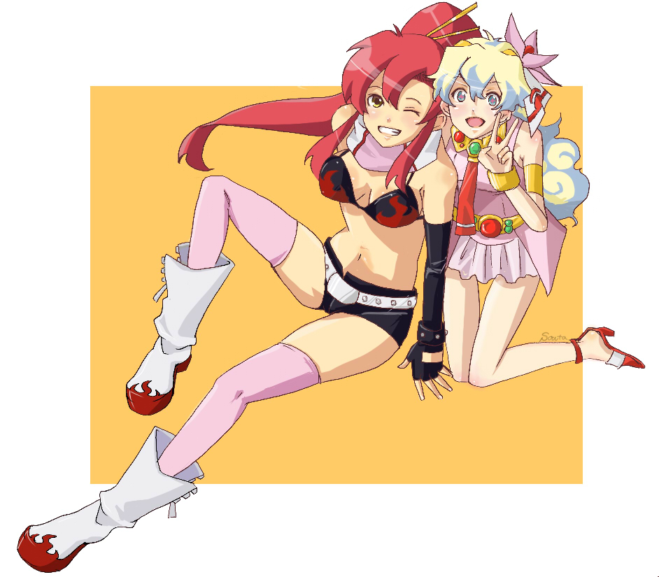 shion souta, nia teppelin, yoko littner, tengen toppa gurren lagann, 00s, 2girls, armlet, belt, bikini, bikini top only, boots, bracelet, chopsticks, dress, fingerless gloves, flower, gloves, grin, hair flower, hair ornament, jewelry, kneeling, long hair, midriff, multicolored hair, multiple girls, necktie, one eye closed, pink dress, pink thighhighs, ponytail, red hair, scarf, short shorts, shorts, sitting, sleeveless, smile, swimsuit, thighhighs, v, wink