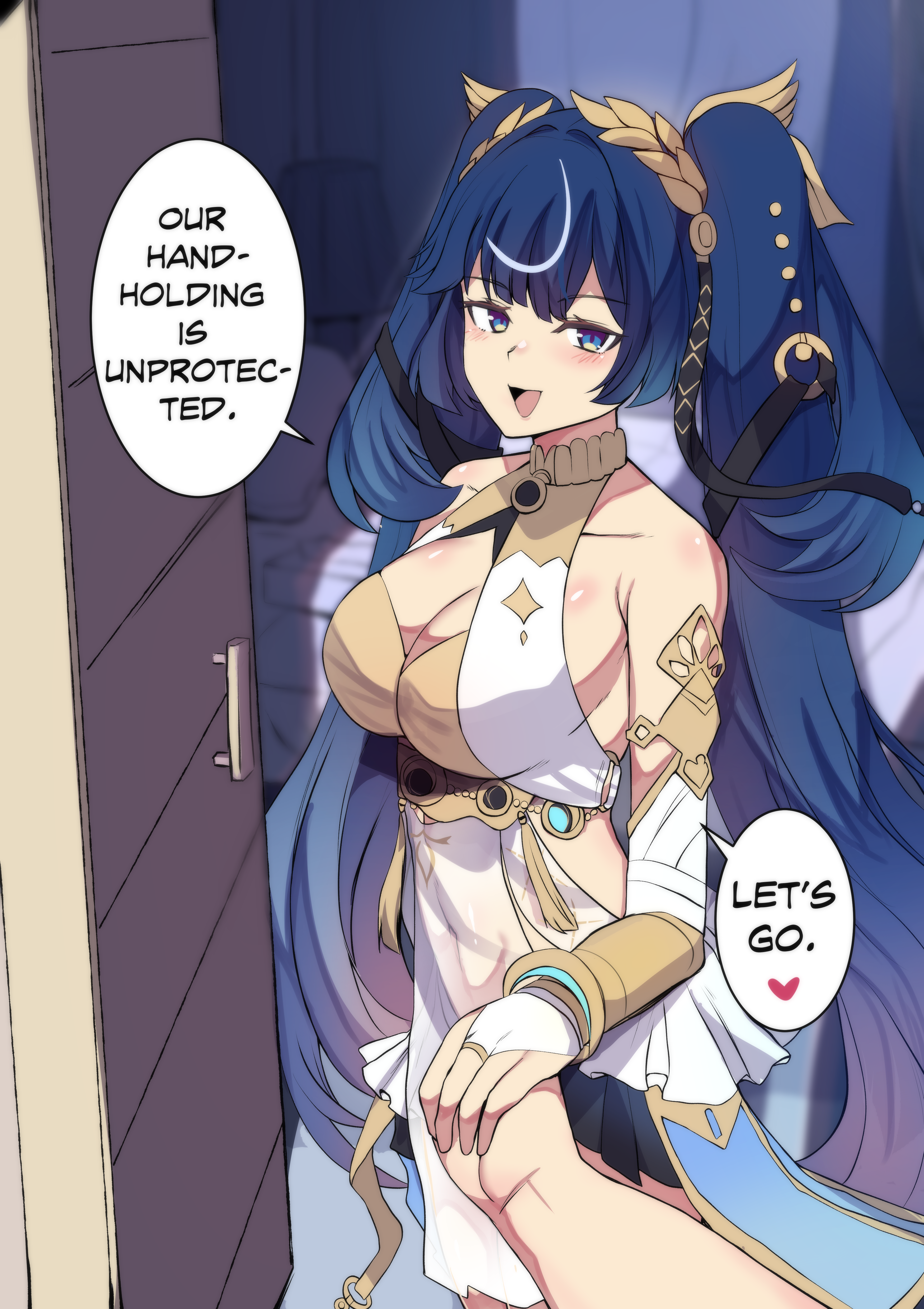 hinghoi, iuno (wuthering waves), wuthering waves, absurdres, commentary, english commentary, highres, 1girl, ancient greek clothes, armlet, bare shoulders, bedroom, blue eyes, blue hair, breasts, bridal gauntlets, cleavage, english text, gold bra, greco-roman clothes, hair belt, holding hands, indoors, jewelry, laurel crown, looking at viewer, medium breasts, multicolored hair, open mouth, pov, pov hands, smile, solo focus, streaked hair, twintails, vambraces, white bridal gauntlets