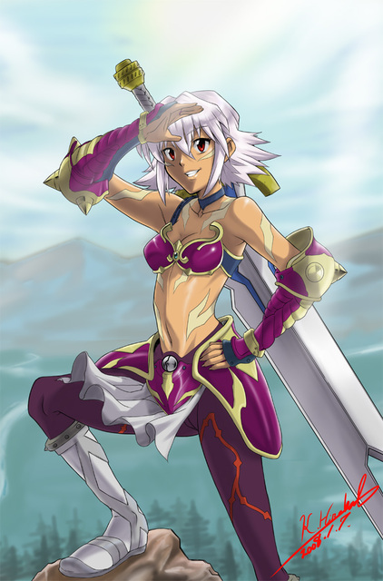 hirabaru kenji, black rose (.hack//), .hack//, .hack//games, bandai, cyber connect 2, 1girl, armor, bra, dark-skinned female, dark skin, day, female focus, gauntlets, grin, hand on own hip, lingerie, mountain, navel, pantyhose, pink hair, red eyes, shading eyes, short hair, signature, sky, smile, solo, sunlight, sword, tree, underwear, weapon