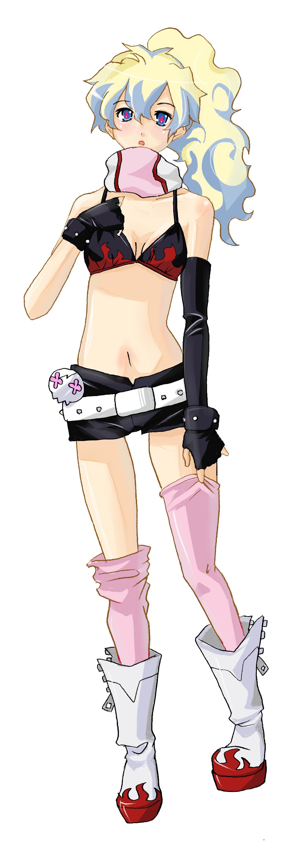 shion souta, nia teppelin, yoko littner, tengen toppa gurren lagann, absurdres, highres, long image, tall image, 1girl, alternate costume, belt, bikini, bikini top only, boots, cosplay, elbow gloves, female focus, gloves, midriff, multicolored hair, ponytail, scarf, shorts, solo, swimsuit, thighhighs, yoko littner (cosplay), zipper