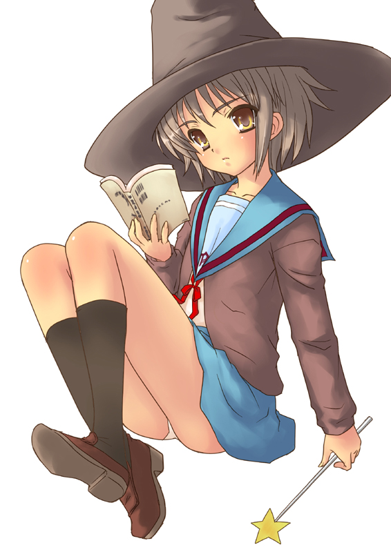 nagato yuki, suzumiya haruhi no yuuutsu, silver hair, non-web source, 00s, 1girl, ass, book, brown eyes, cardigan, female focus, full body, hat, open book, panties, reading, school uniform, serafuku, short hair, simple background, sitting, solo, underwear, wand, white background, witch hat