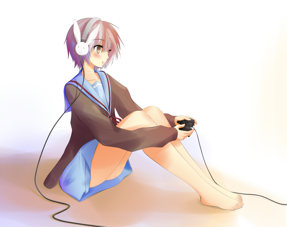 sarekoube, nagato yuki, suzumiya haruhi no yuuutsu, silver hair, bad id, bad pixiv id, 00s, 1girl, barefoot, blush, brown eyes, bunny headphones, cardigan, feet, female focus, game console, headphones, playing games, playstation 2, school uniform, serafuku, short hair, sitting, solo, video game