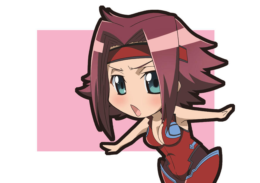 paopa ship, kouzuki kallen, code geass, 00s, 1girl, :o, breasts, chibi, cleavage, collarbone, dress, female focus, green eyes, headband, large breasts, looking at viewer, open mouth, parted bangs, red dress, sleeveless, sleeveless dress, solo