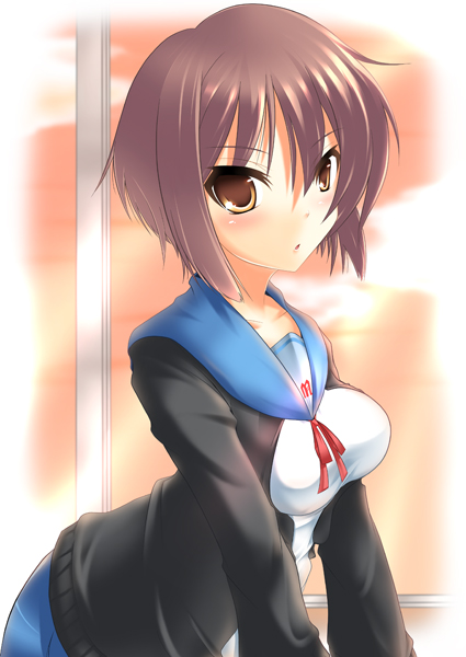 nagato yuki, suzumiya haruhi no yuuutsu, silver hair, 00s, 1girl, bent over, breasts, brown eyes, cardigan, female focus, indoors, school uniform, serafuku, short hair, sky, solo, standing, sunset, window