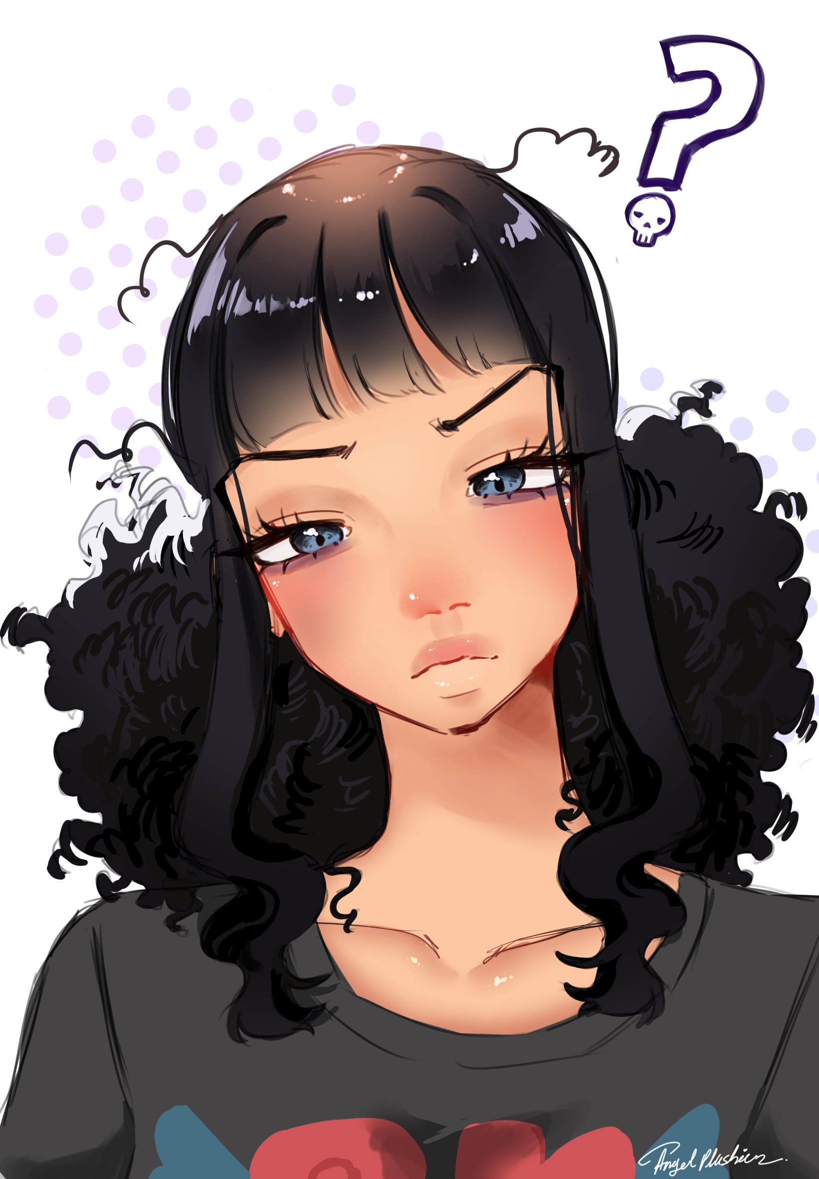 angelplushie, bookstore part-timer, one piece, one piece fan letter, commentary, english commentary, highres, 1girl, ?, black hair, blue eyes, blunt bangs, closed mouth, eyelashes, polka dot, polka dot background, ponytail, shirt, sidelocks, signature, solo, upper body