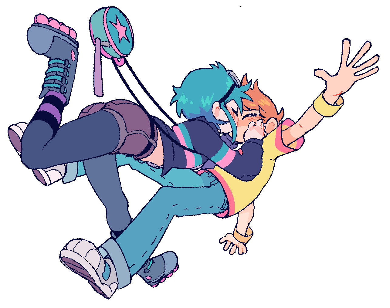 blupixl, ramona flowers, scott pilgrim, scott pilgrim (series), blue hair, blush, closed eyes, denim, falling, goggles, goggles on head, hands on another's face, inline skates, jeans, kiss, official style, orange hair, pants, pantyhose, roller skates, short shorts, shorts, skates, wrist cuffs