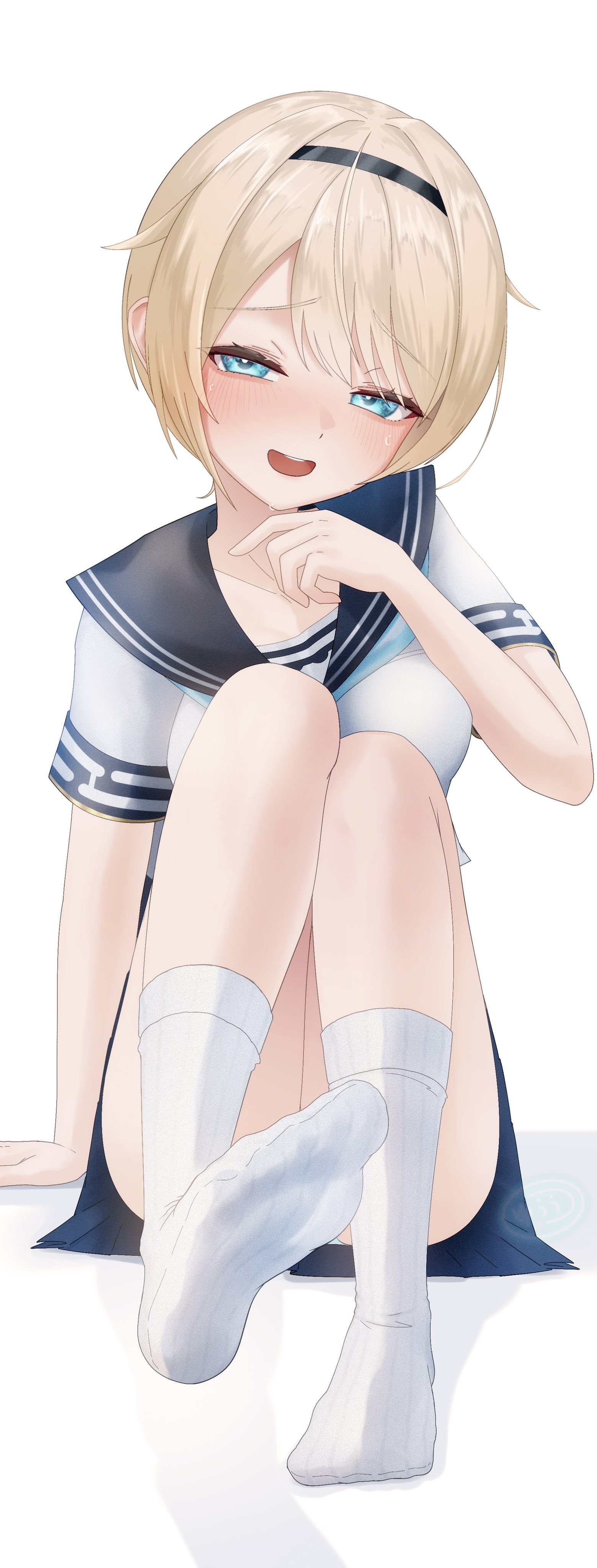 u u2 12, kazama iroha, kazama iroha (school uniform), hololive, absurdres, highres, 1girl, aqua eyes, black hairband, blonde hair, blue sailor collar, blue skirt, blush, breasts, collarbone, convenient leg, feet, full body, hairband, knees together feet apart, knees up, looking at viewer, miniskirt, no shoes, official alternate costume, pleated skirt, ribbed socks, sailor collar, school uniform, serafuku, shadow, short hair, short sleeves, simple background, sitting, skirt, small breasts, socks, soles, solo, swept bangs, toes, virtual youtuber, white background, white socks