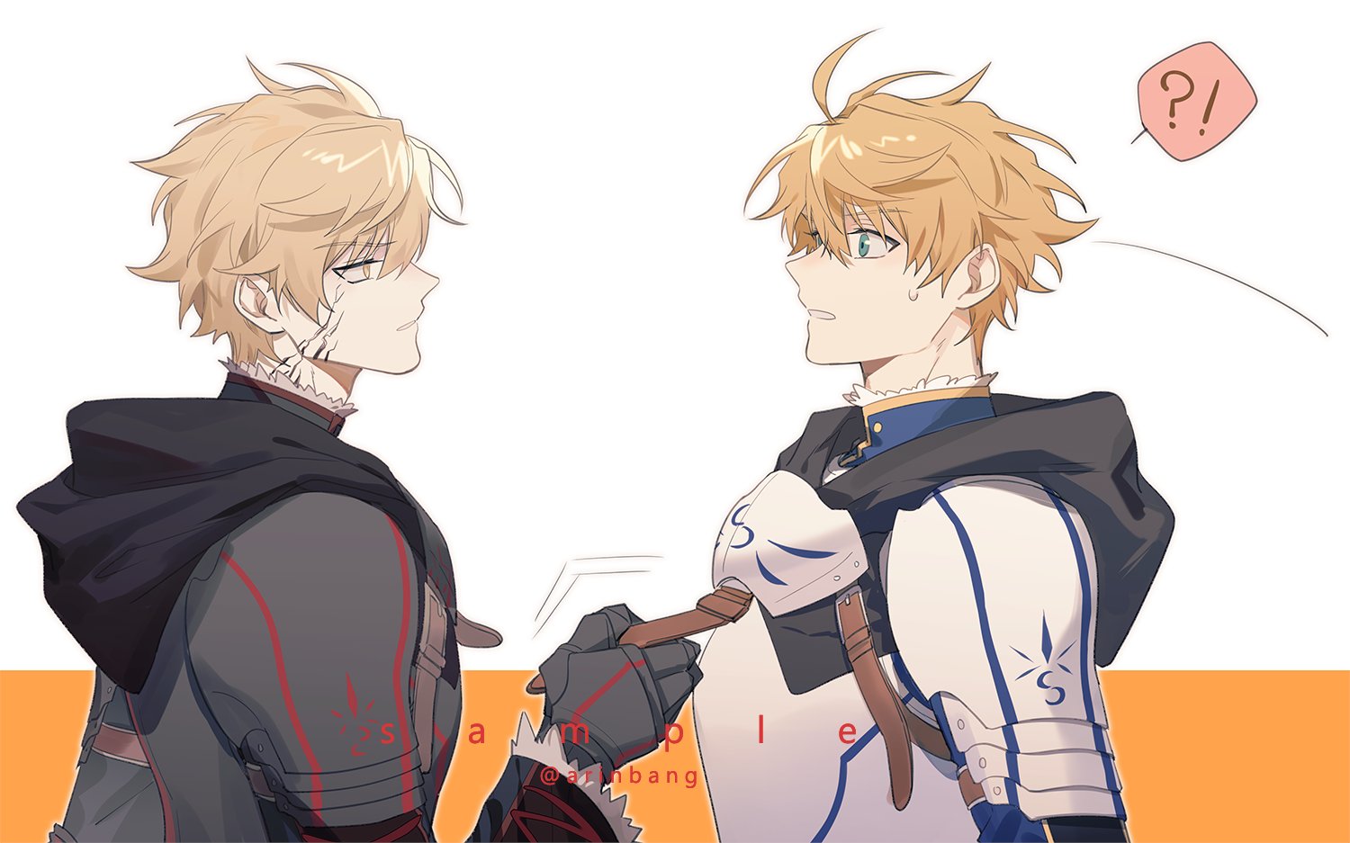 wuren daoshang dekezong, arthur pendragon (fate), arthur pendragon alter (fate), fate/grand order, fate (series), chinese commentary, commentary request, !?, 2boys, antenna hair, armor, artist name, belt, black armor, black cape, blonde hair, blue eyes, border, brown belt, cape, dual persona, full armor, gauntlets, hair between eyes, hand up, looking at another, male focus, multiple boys, orange border, outside border, sample watermark, short hair, shoulder armor, simple background, speech bubble, sweatdrop, teeth, upper body, v-shaped eyebrows, watermark, white armor, white background, yellow eyes