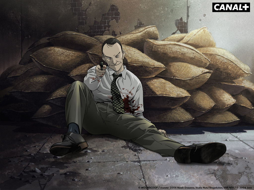 heinrich lunge, heinrich runge, monster (manga), official art, 1boy, black hair, blood, gun, handgun, injury, male focus, necktie, pistol, sack, sitting, smile, solo, weapon