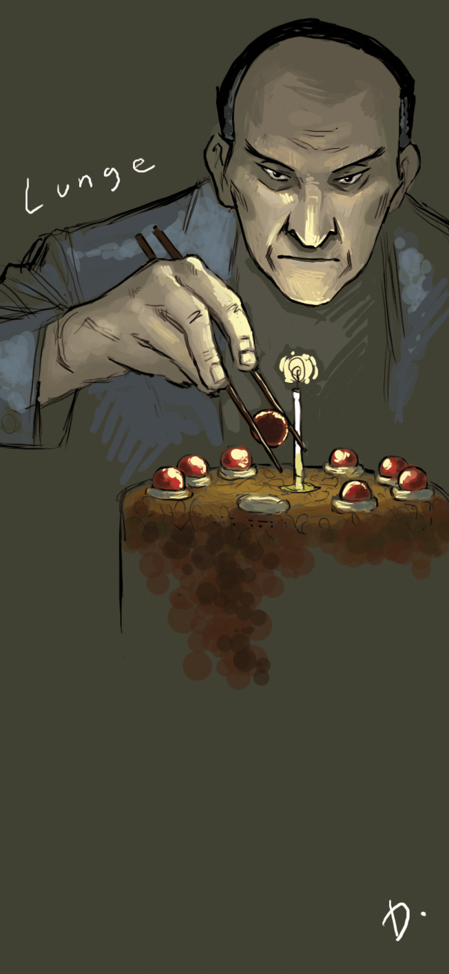 drawfag, shroedinger, heinrich lunge, heinrich runge, monster (manga), portal (series), portal 1, highres, spoilers, translated, 1boy, bald, black forest cake, cake, candle, cherry, chopsticks, food, formal clothes, fruit, german text, male focus, parody, pastry, pun, solo, suit