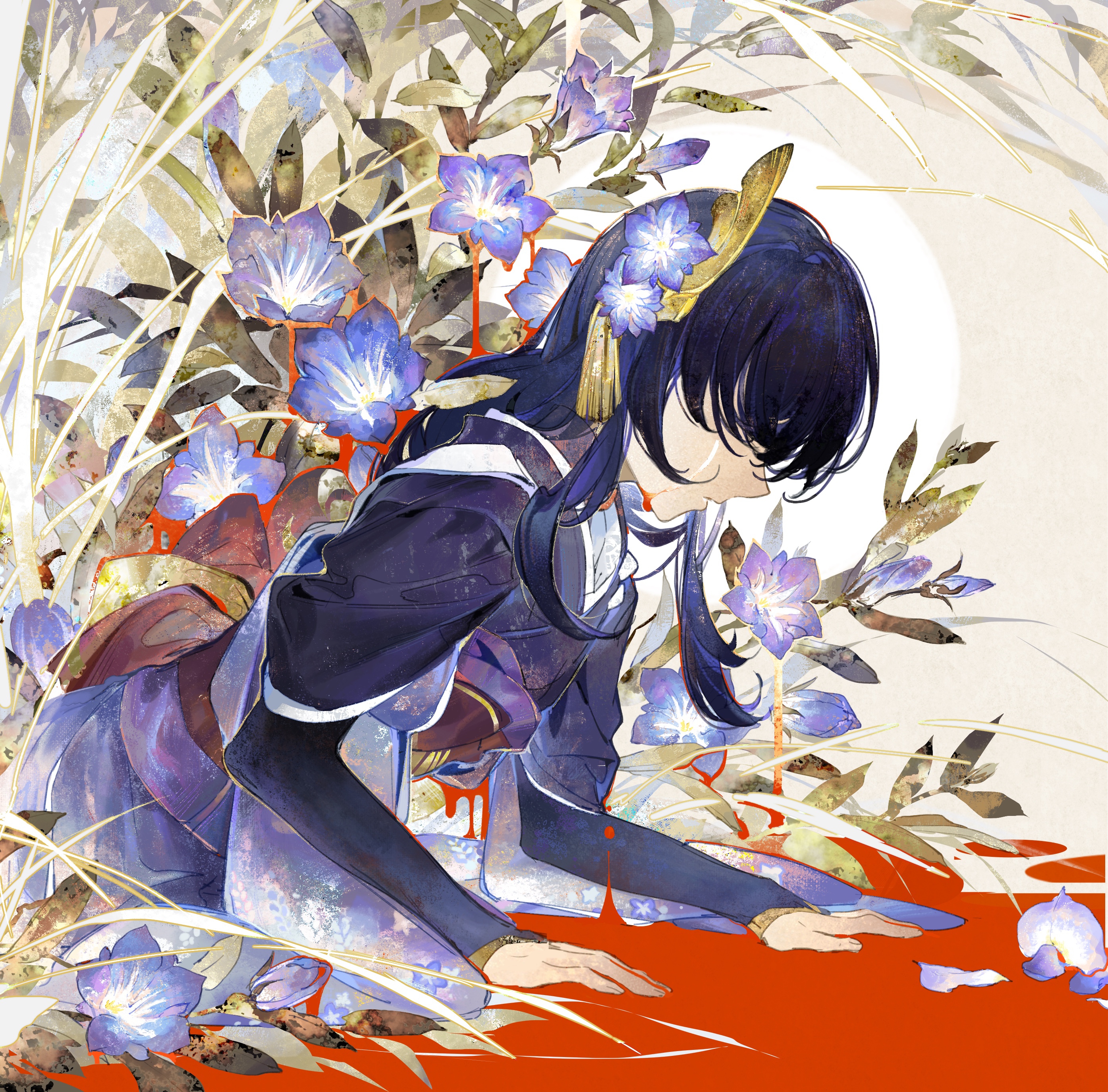 nnikko, raiden shogun, genshin impact, absurdres, chinese commentary, commentary request, duplicate, highres, 1girl, arm support, black hair, blood, blood splatter, bloody tears, blue flower, blue hair, bud, crying, floral background, floral print, flower, from side, gentiana (flower), hair flower, hair ornament, hair over eyes, hands on ground, japanese clothes, kimono, layered sleeves, leaf, long hair, long sleeves, lying, obi, on stomach, parted lips, petals, plant, pool of blood, profile, purple flower, purple kimono, sash, solo, tassel, tassel hair ornament, tasuki, turtleneck, upper body, watermark