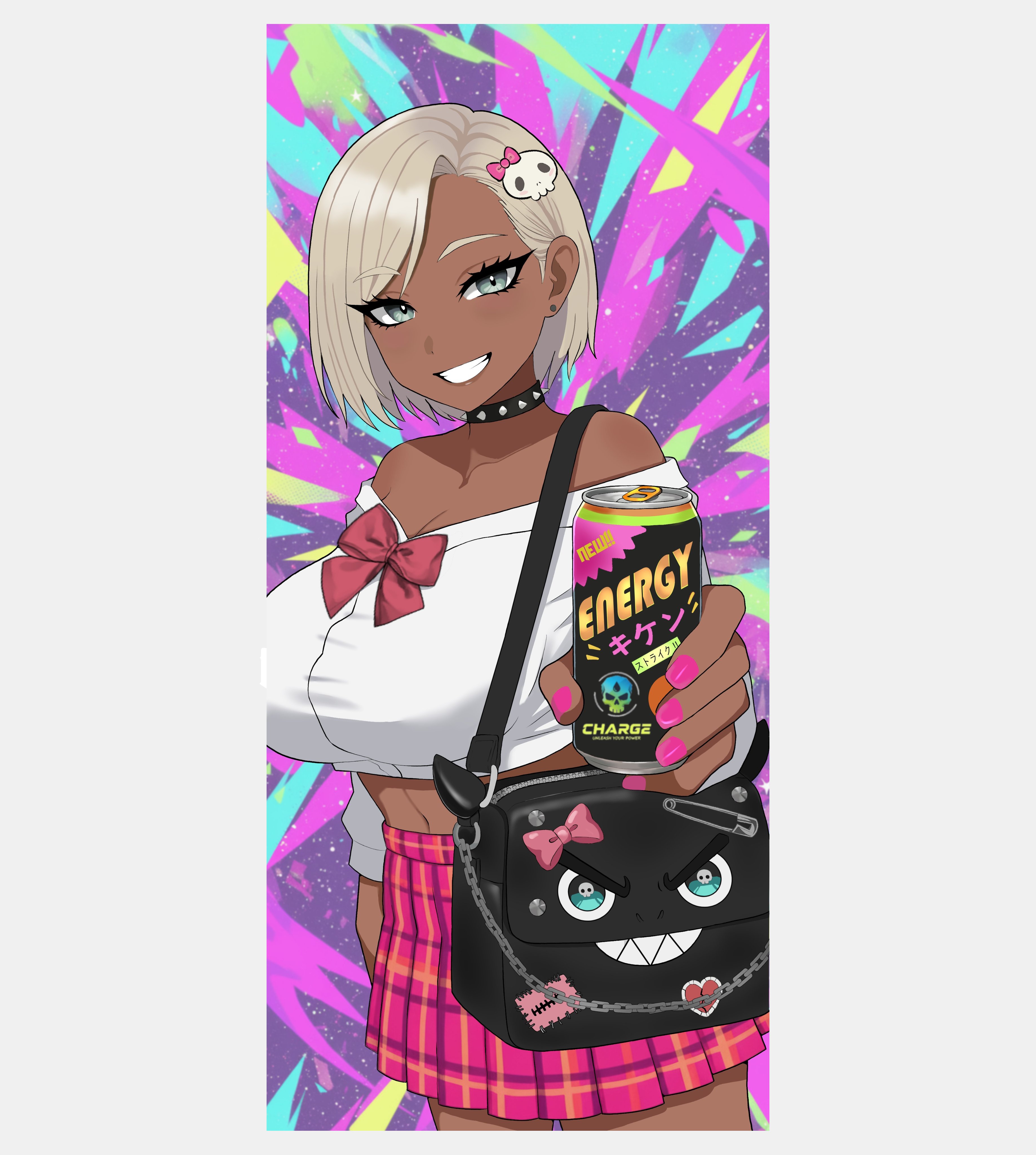 tsu.toxine, 1girl, bag, bow, bowtie, can, choker, colorful background, drink, ear piercing, earrings, energy drink, grey hair, gyaru, hair ornament, jewelry, piercing, pixiv id, school uniform, short hair, skirt, white hair