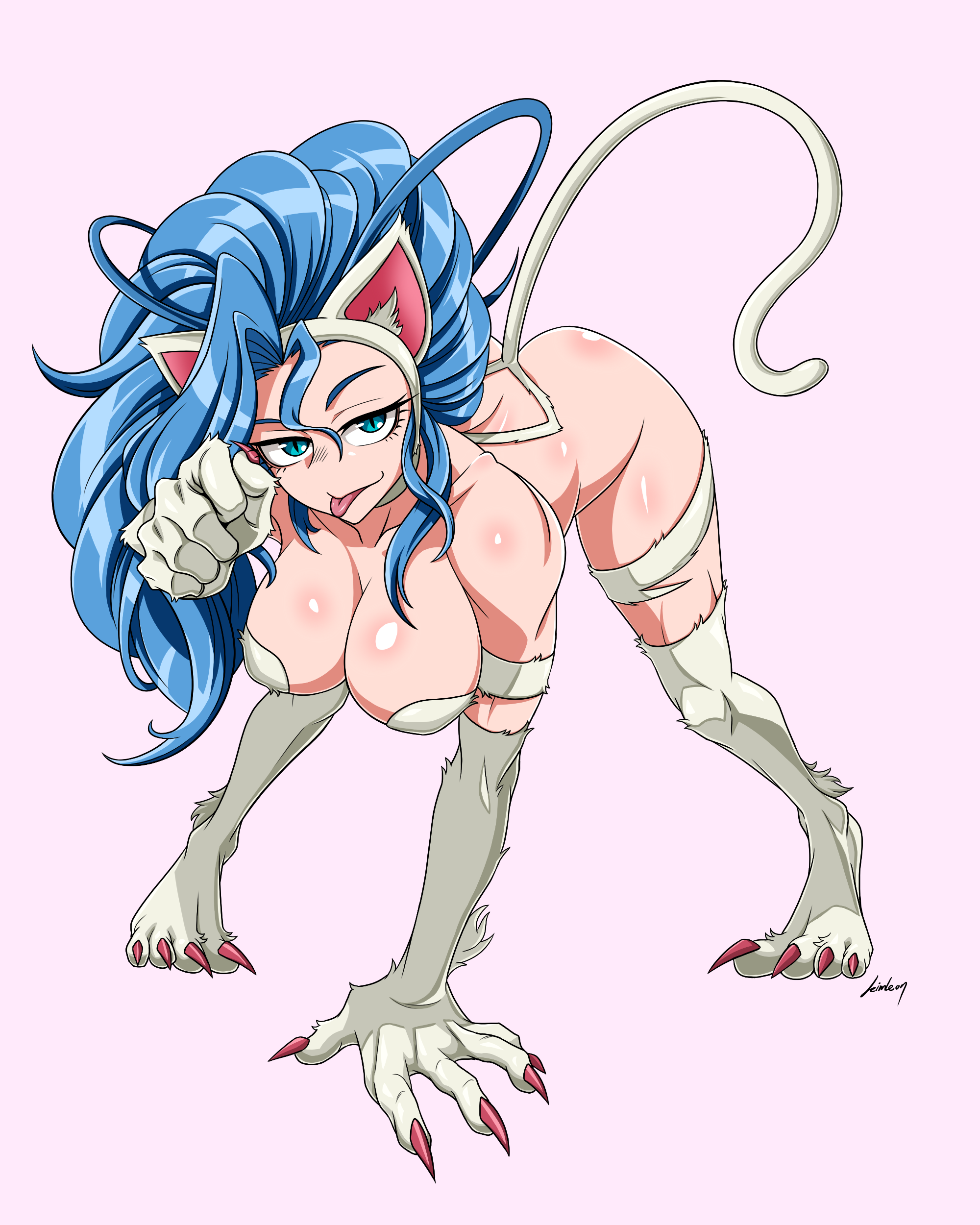 kimleon, felicia (darkstalkers), capcom, darkstalkers, 1girl, all fours, animal ears, aqua eyes, blue hair, blush, breasts, cat ears, cat girl, cat tail, claws, closed mouth, collarbone, eyelashes, female focus, hand up, large breasts, long hair, looking at viewer, slit pupils, smile, smug, solo, tail, tongue, tongue out, white fur
