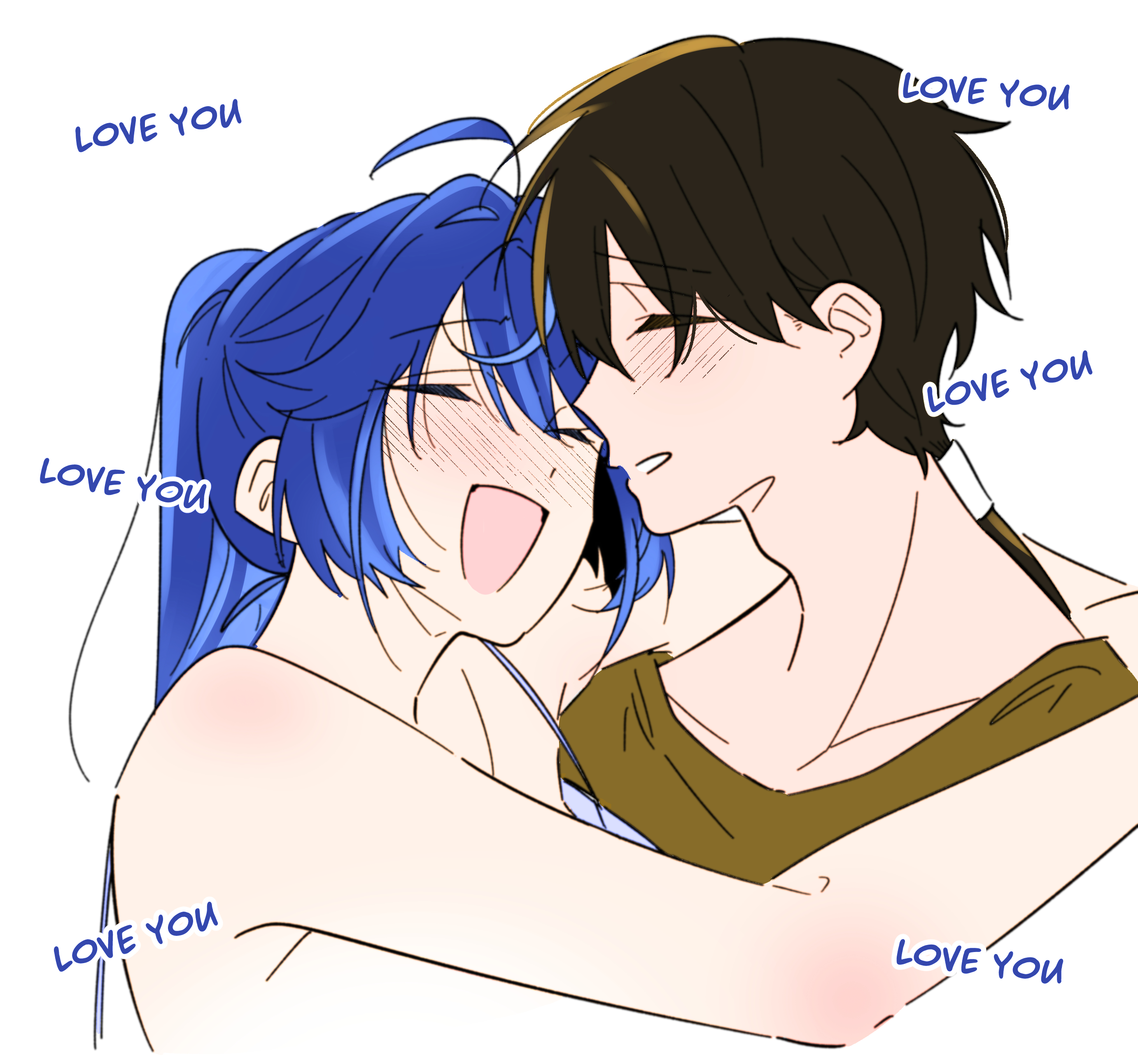 aruvhie, iuno (wuthering waves), male rover (wuthering waves), rover (wuthering waves), wuthering waves, absurdres, commentary, english commentary, highres, 1boy, 1girl, ahoge, black hair, blue hair, closed eyes, english text, hair down, open mouth, simple background, upper body, white background