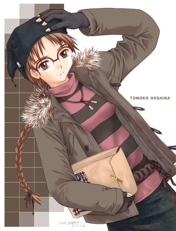 minakami yuuma, hoshina tomoko, to heart, to heart (series), striped, belt, braid, brown eyes, brown hair, coat, dutch angle, envelope, fingerless gloves, fur coat, glasses, gloves, hat, jewelry, long hair, necklace, single braid, skirt, solo, turtleneck
